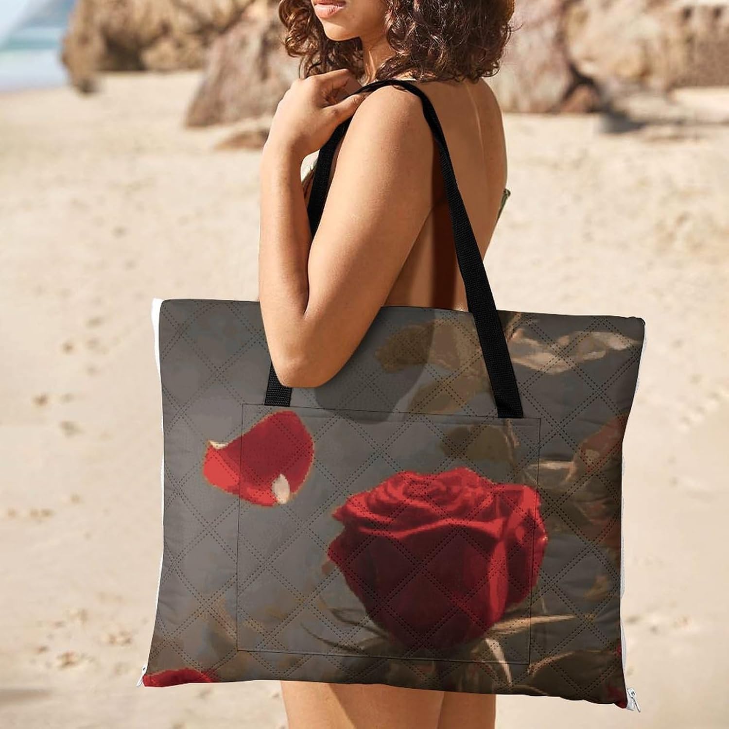 Red Rose Flower and Cheetah Picnic Blanket 200x200cm, Foldable 2-in-1 Picnic Mat and Tote Bag Portable Waterproof Beach Mat Sandproof Outdoor Blanket for Park, Hiking, Beach, Camping, Travel