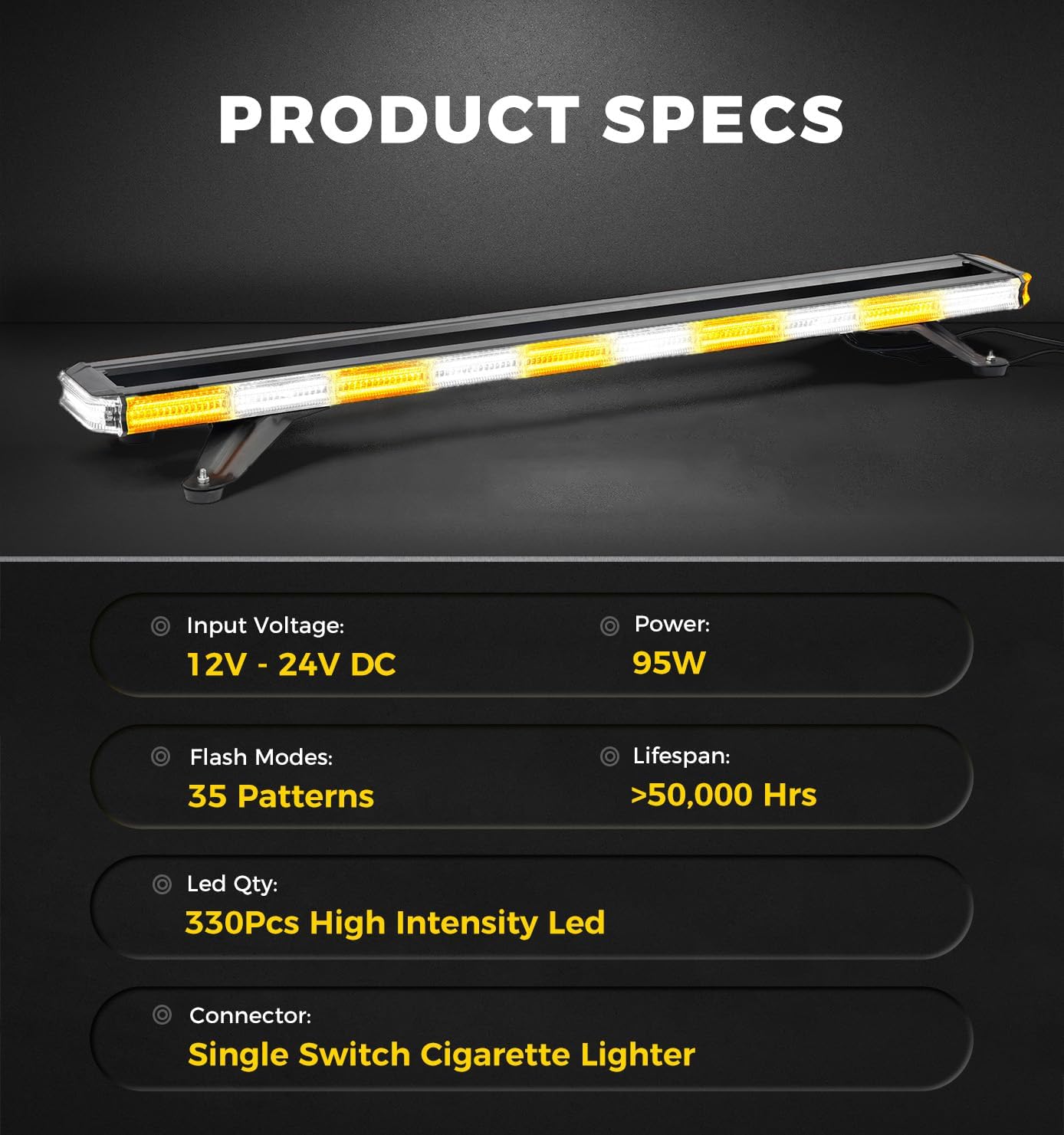 Xprite 42 inch 330 LED Rooftop Emergency Strobe Light Bar Heavy-Duty Flashing Warning Lights w/Adjustable Mounting Brackets, for Construction Vehicles Towing Work Trucks Plows Pickup - White Amber