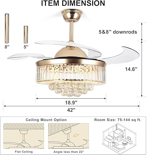 Miniatura 2 de Ventiladores de techo de 42 pulgadas con luz, ventilador de araña de cristal retráctil dorado, reversible, control remoto, kits de luces de techo