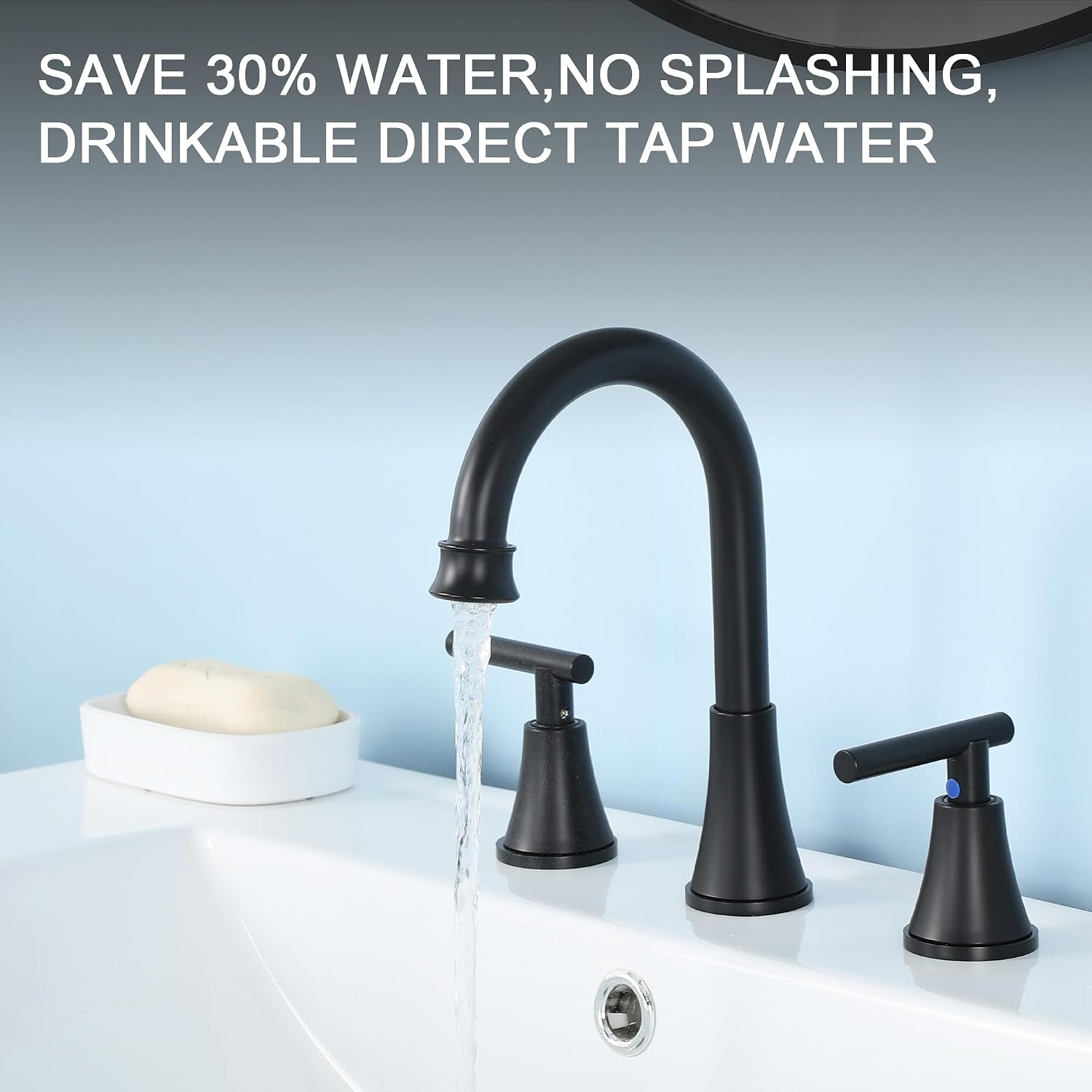 COMLLEN Black Bathroom Faucet 3 Hole Vanity,360 Degree Rotating Spout, 2 Handle 360° Swivel Matte Black 8 Inch Widespread Bathroom Sink Faucet 3 Holes, with Pop-up Drain, Supply Lines