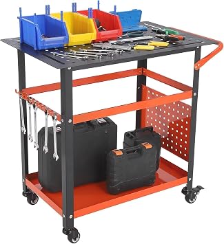 Portable Steel Welding Workbench, 36 x 24 Inches, 1200 Lb Load Capacity, Rolling Table with Handle, Dual Storage Shelves, 11 Tool Hooks, Durable and Mobile for Shop and Garage Use