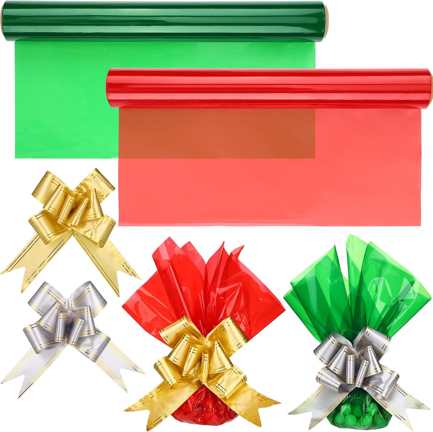 Christmas Cellophane Wrap Set include 2 Pack 100 Ft Long x 16 In Wide Cellophane Wrap Roll with 40 Pull Bows, Christmas Flower Gift Baskets Arts Crafts Christmas Party Supplies (Simple Style) : Health & Household