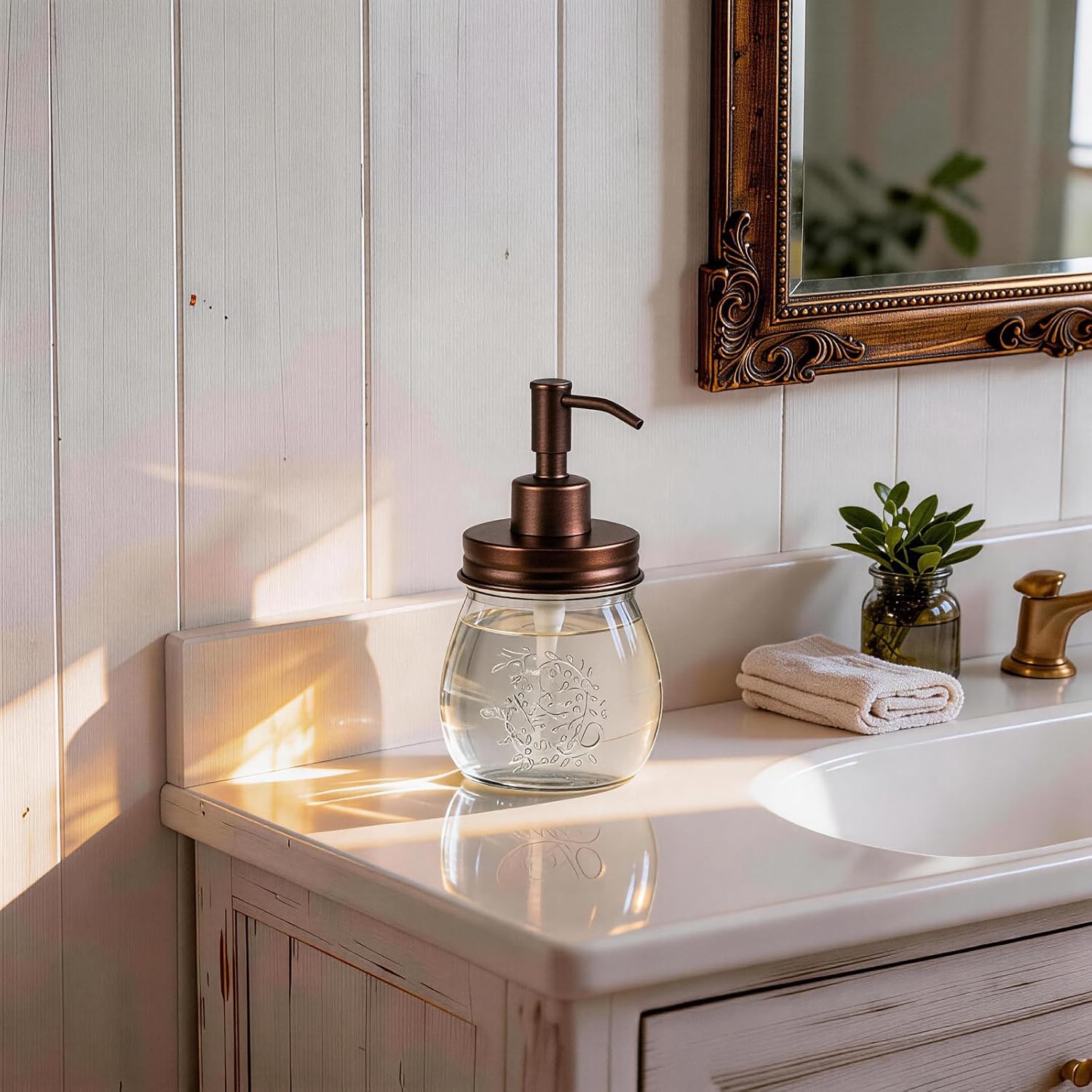 Amolliar Mason Jar Liquid Soap Dispenser, Glass Soap Dispenser 10OZ, Bronze