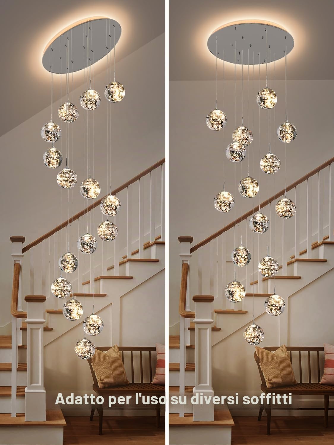 250CM Lampadario LED per Scale 15 Sfere di Vetro 80W 3000K Grigio | Treppenhaus Lampada a Sospensione Soffitto Moderne Länge Lampadari Ville Luci la Sala Cucina Soggiorno Glass ball