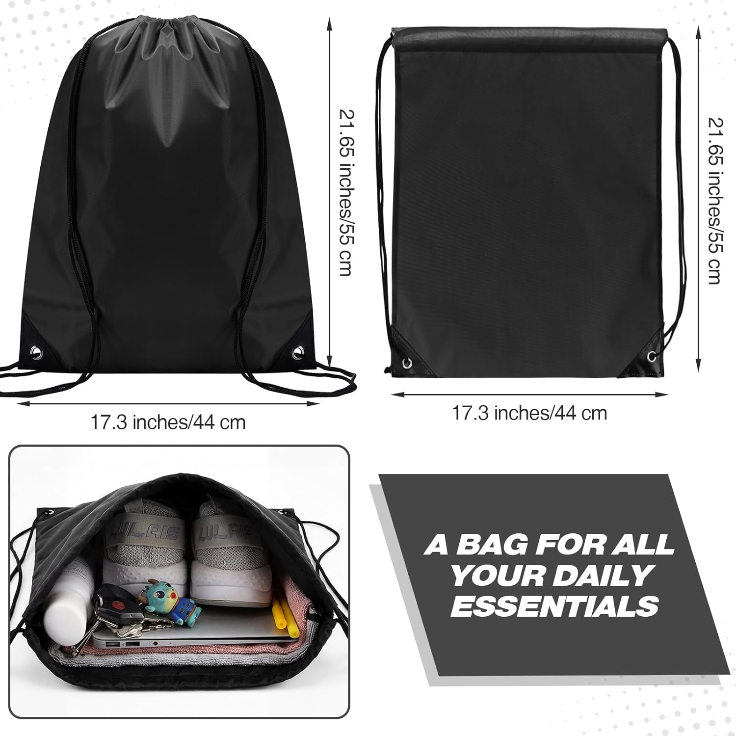 Shappy Drawstring Backpack Bulk Sports Gym Cinch Bag Polyester String Bag for Men Women(Black,50 Pcs)