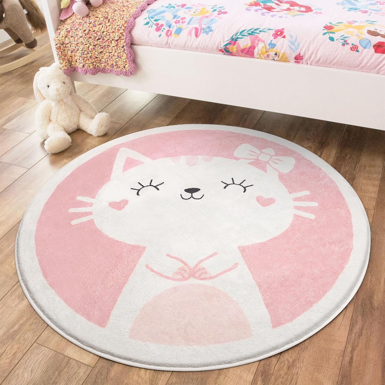 Kids Rug for Kids Room, 3 Ft Round Washable Area Rugs Cute Pink Cat Rug