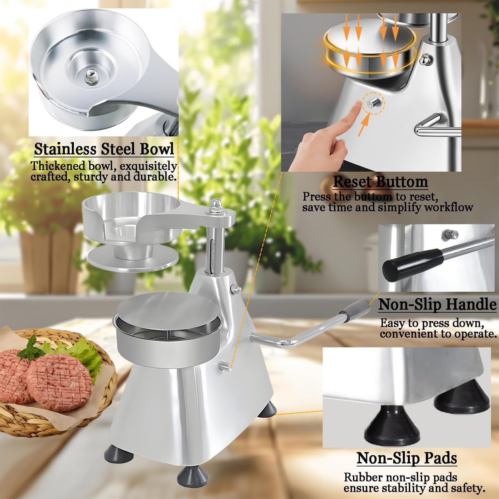 Burger Patty Maker, robuste Edelstahl-Schüsselpresse für 4-6 Zoll Hamburger Patties, inklusive 1200 Patty Papers für perfekte Fleischformung