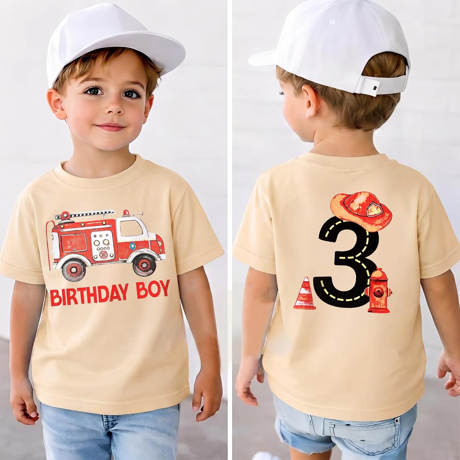 GLIGLITTR Birthday Boy Shirt Fire Truck 1st 2nd 3rd 4th Birthday T-Shirt Toddler Boys 1-4 Year Old Firefighter Bday Gift Tees