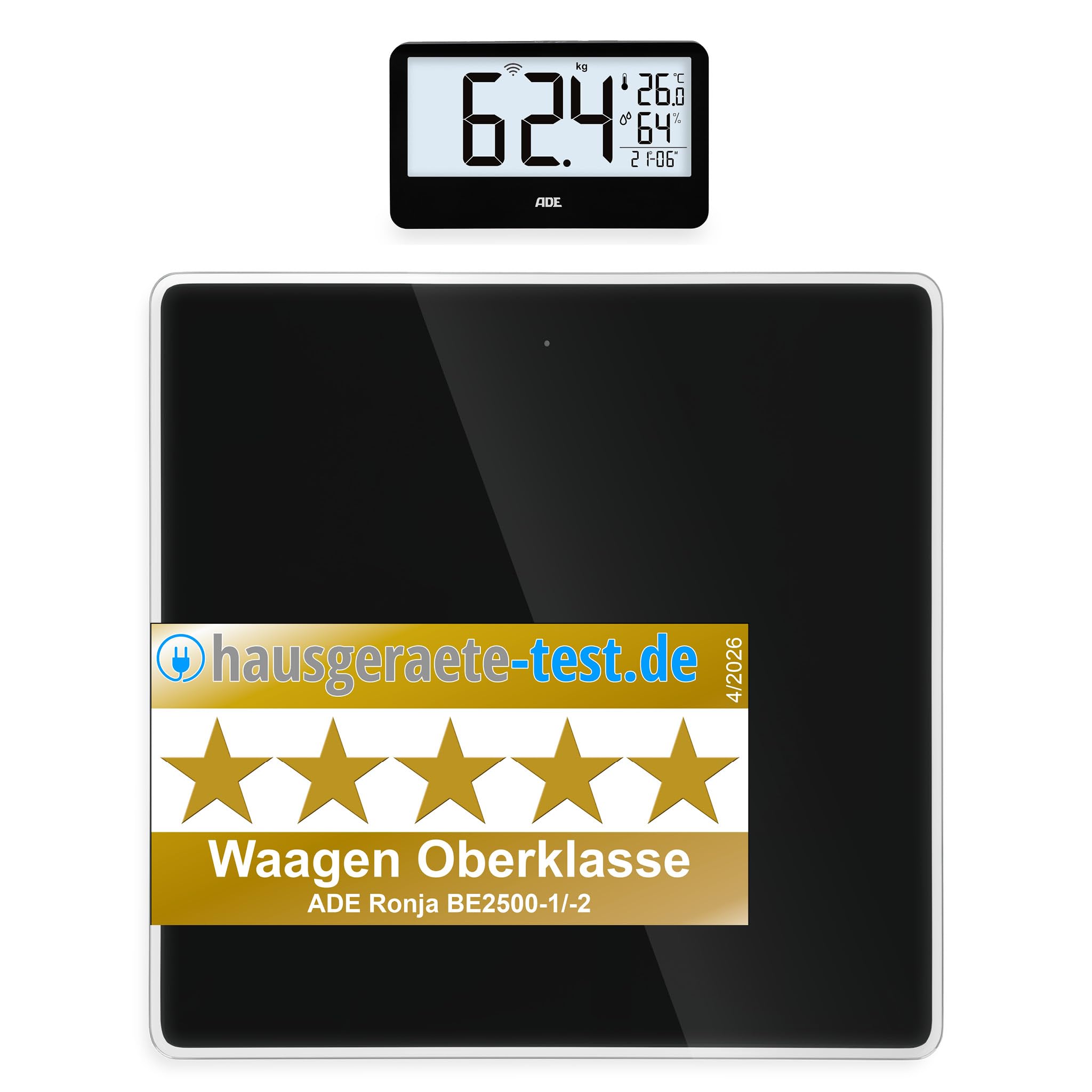 ADE Digitale Personenwaage Ronja mit Funk-Display bis 180 kg | ohne Bücken auf Augenhöhe ablesen | ideale Körperwaage für Senioren | mit Baduhr, Hygrometer, Innenthermometer | schwarz