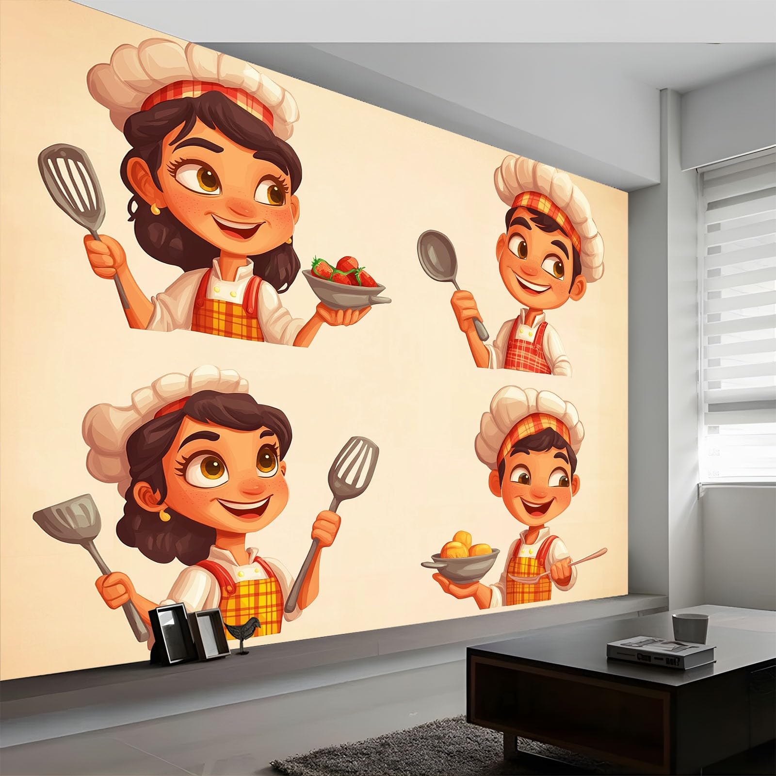 Générique Panoramiczna tapeta 3D, 400 x 280 cm, kreskówkowy szef kuchni, tapeta z włókniny, duży plakat ścienny do salonu, dekoracji pokoju dziecięcego, łatwy w montażu, beżowy