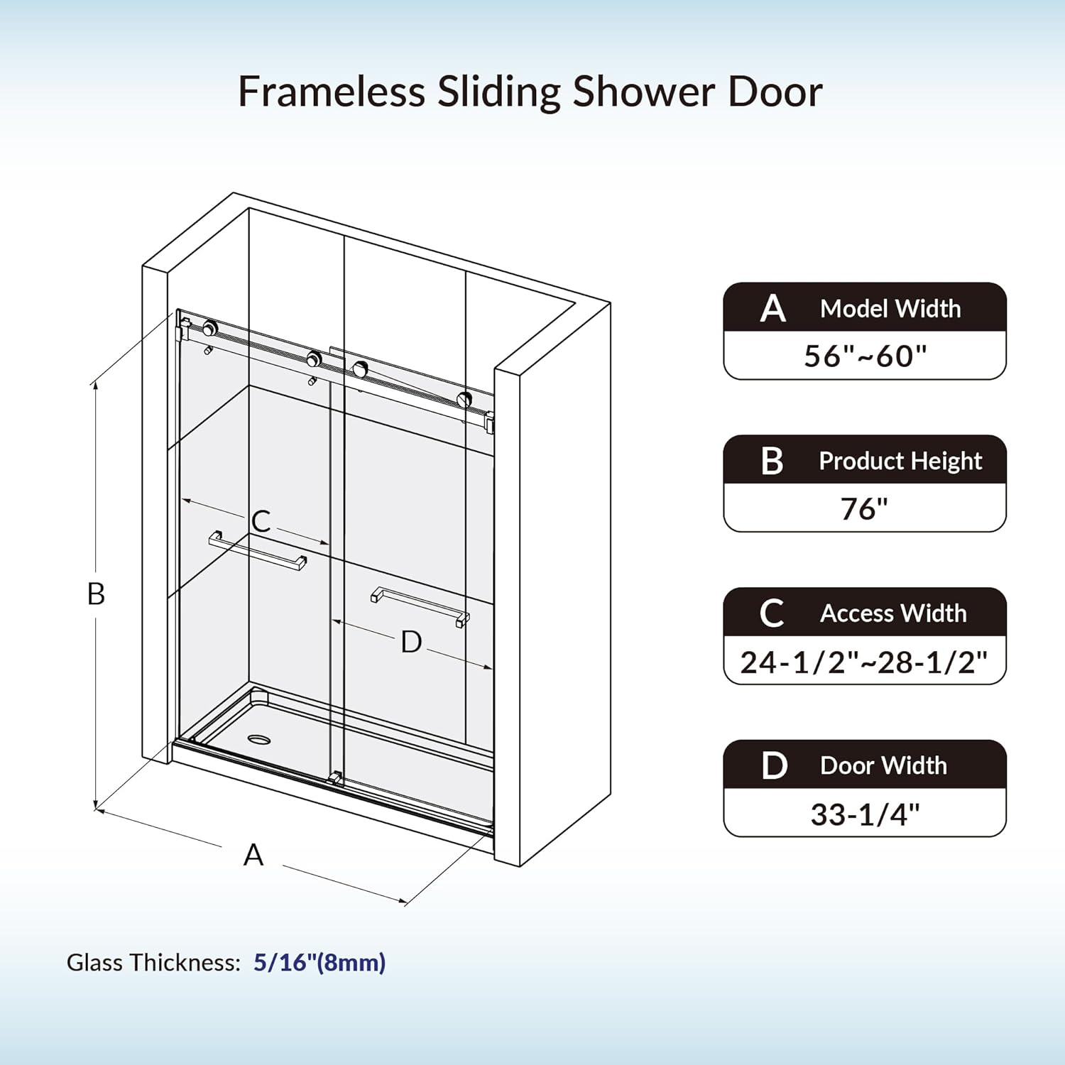 Woodbridge Frameless Shower Doors 56-60" Width x 76" Height with 5/16"(8mm) Clear Tempered Glass, 2 Ways Opening & Double Sliding in Brushed Gold Finish