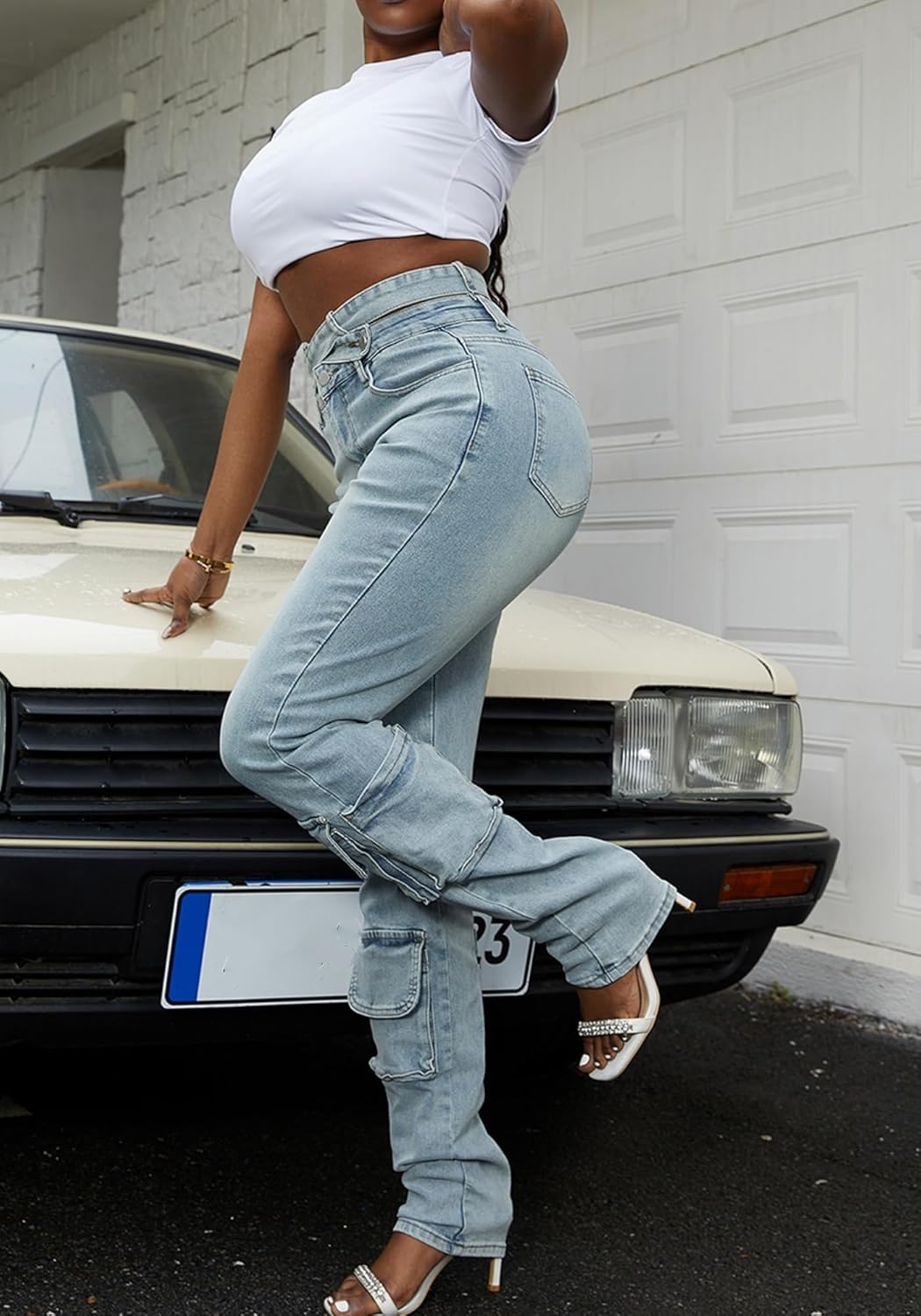 Vaceky Women's Stretch Jeans with Removable Cross Strap Cutout Waist Distressed Cargo Pants - Image 5