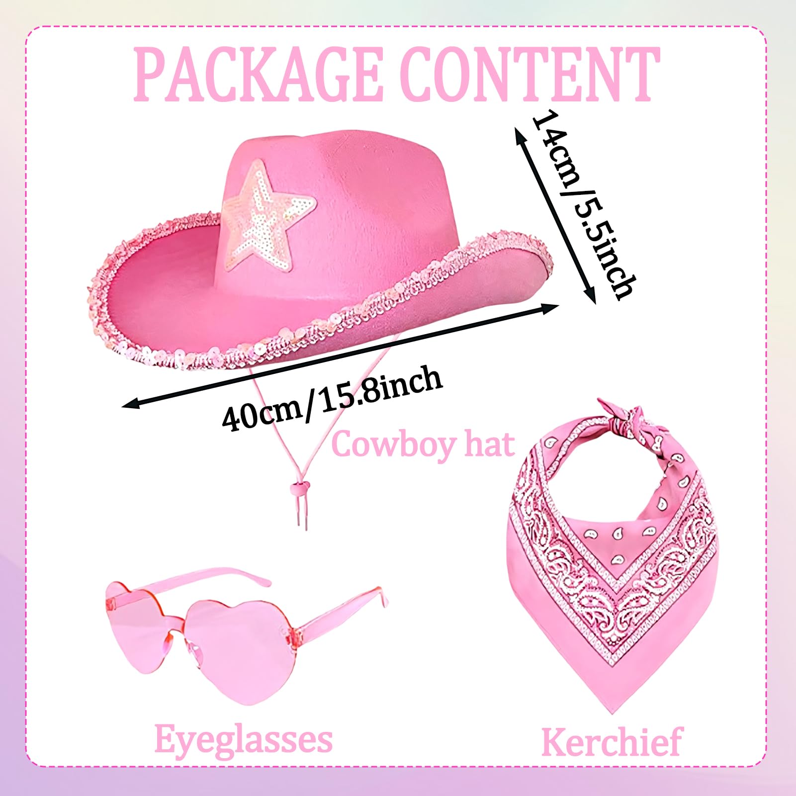Meriviva Cowboy Hat Women, 3Pcs Western Cowgirl Hat Set including Bandanna Glasses - Image 3