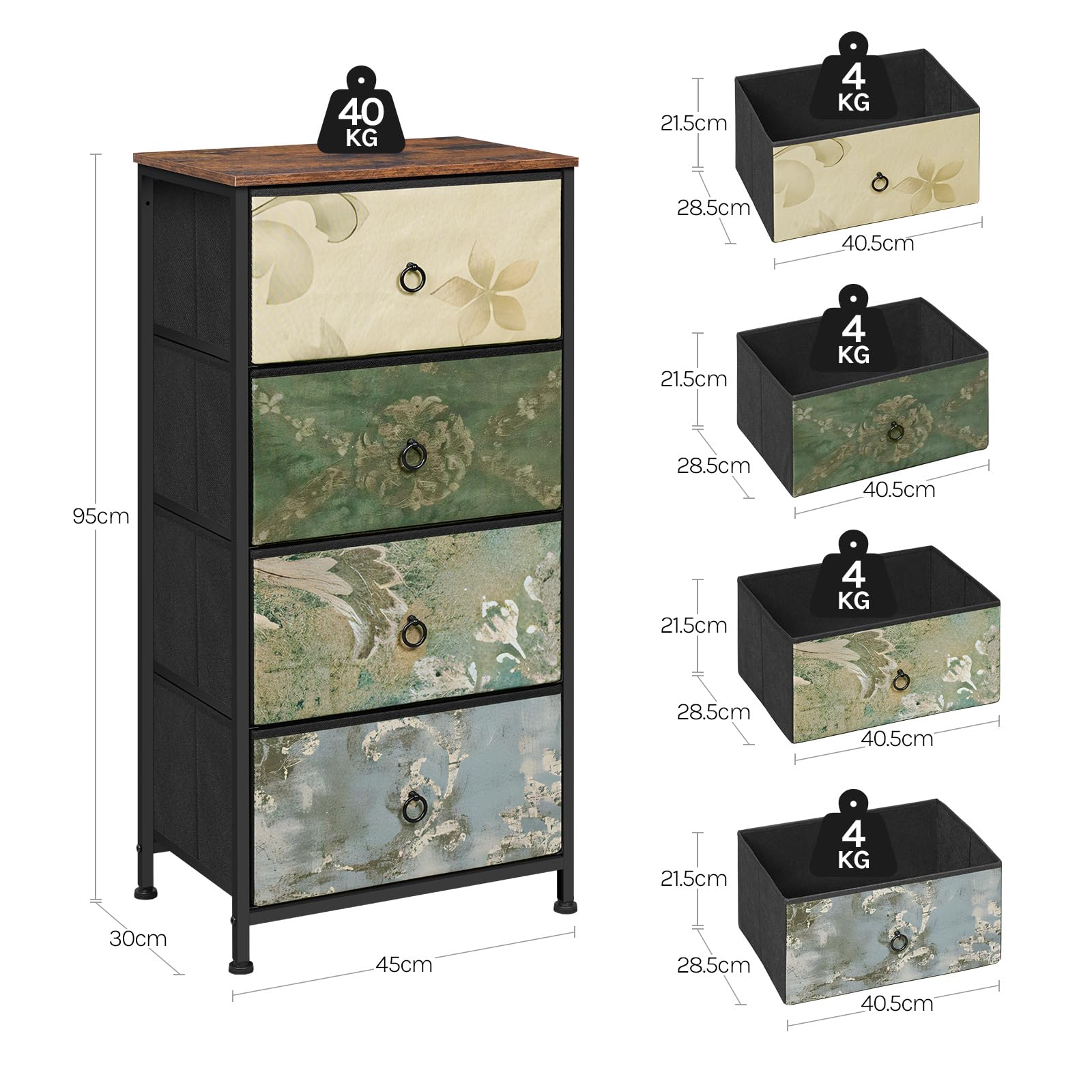WOLTU Commode à 4 Tiroirs en Tissu, Chiffonnier, Meuble Rangement, pour Chambre/Entrée/Salon, Marron Rustique+Noir+Motif de Fleur Vintage, Cadre en Métal, 45x30x95cm, SSK011pw