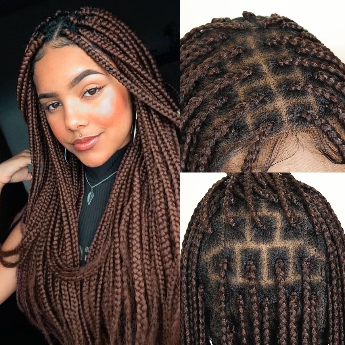 KRALER Ombre Braided Wigs for Black Women, 36 inch Ombre Auburn Knotless Box Braids Full Double Lace Wig Square Based Embroidery Small Braid Wig with Baby Hair