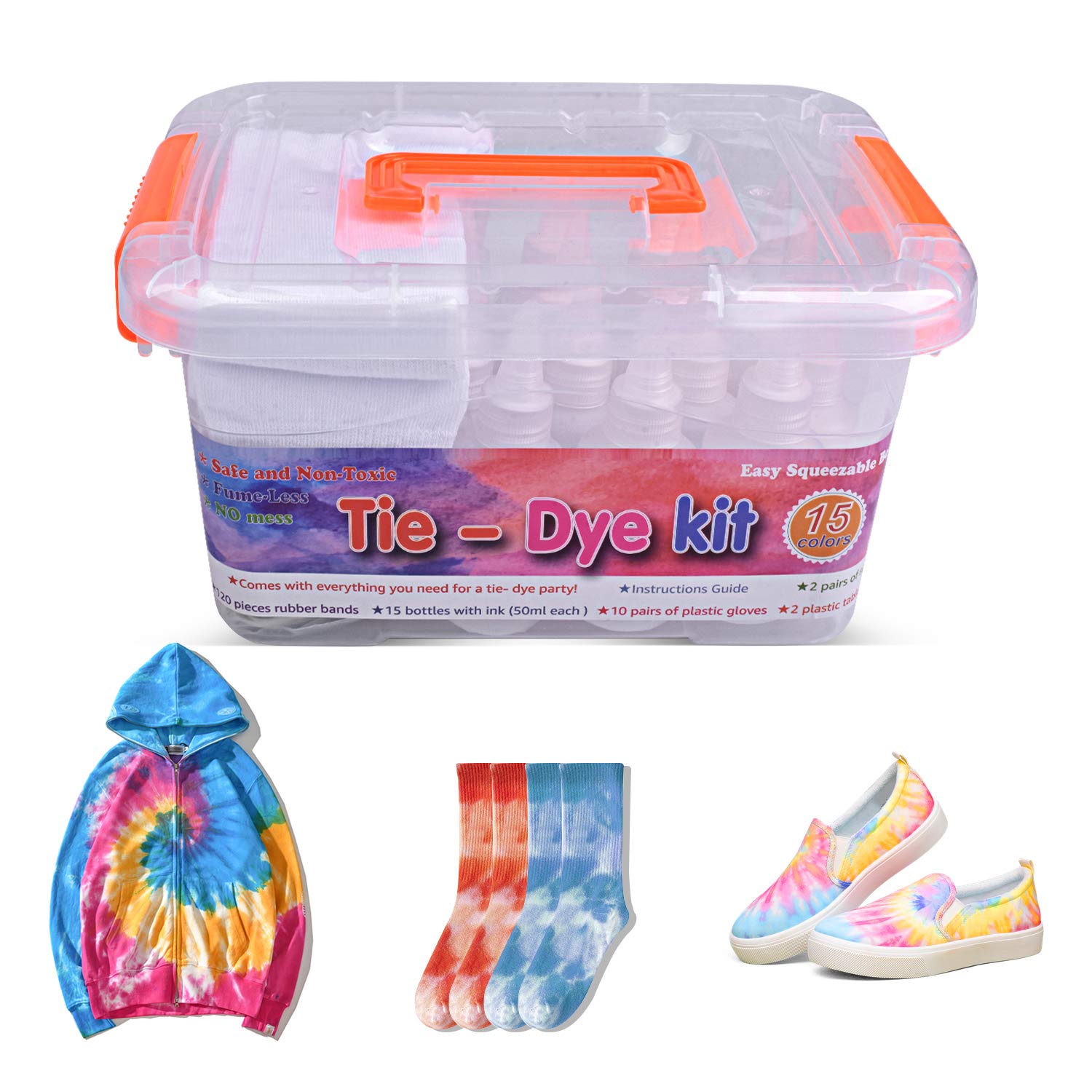 BONROB Tie-Dye Kit,15 Colors Tye-Die Kits for Kids and Adults with Socks,Gloves, Rubber Bands, Tablecloths