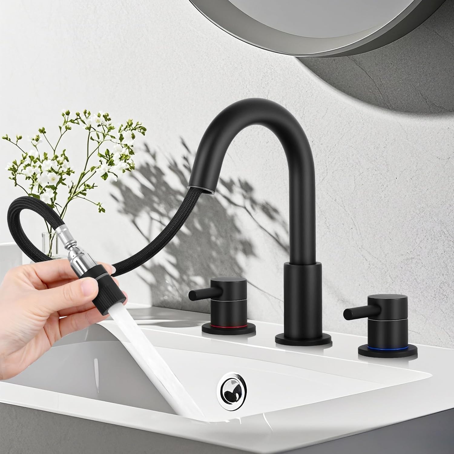 HGN Widespread Bathroom Faucet 3 Hole 8 inch Bathroom Sink Faucet with Pull Down Sprayer Pull Out Bathroom Faucet with Pop-Up Drain 2 Handle Black Bathroom Faucet (Black Pull Down Sprayer) Thumbnail