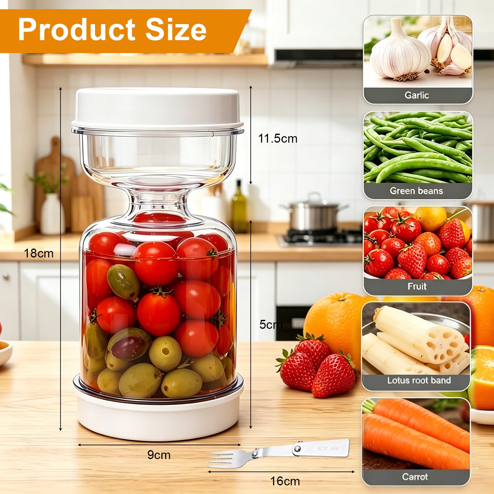 Bote Aceitunas 750ml con Tapa Hermética, Tarro Aceitunas Separador Liquido con Forma de Reloj de Arena, Tarros con Tapa sin Bpa, Accesorios Cocina con Tenedor Plegable, Perfecto Para Pickles Bote