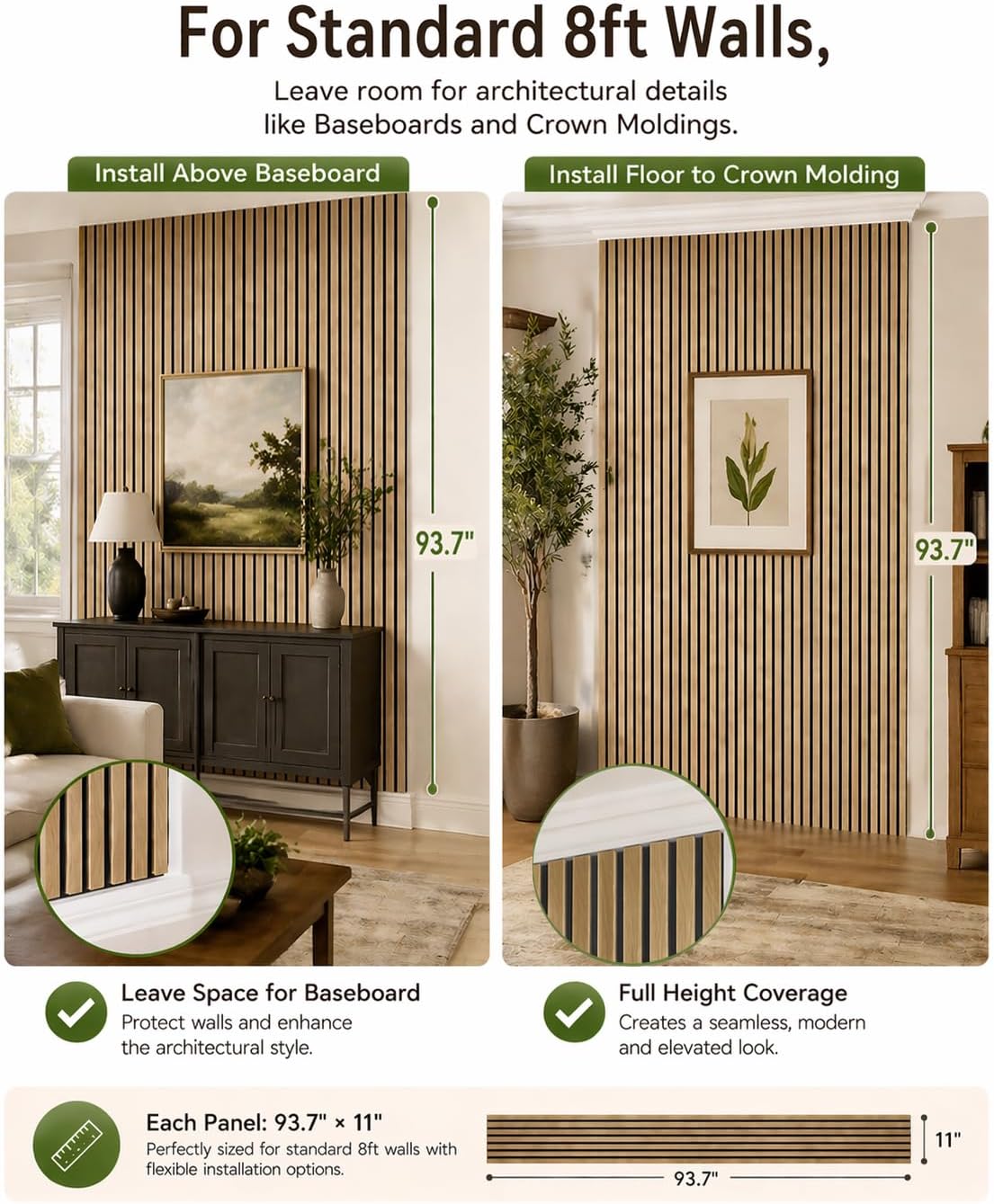 Wood Slat Wall Panels - 4 Pack 93.7" × 11" - Acoustic Panels Noise Reduction for Home Office Studio, 3D Fluted Sound Dampening Absorbing Panels, Oak