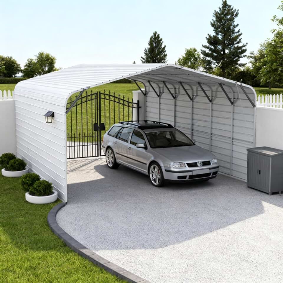 20x30FT Metal Carport, All-Weather Heavy-Duty Steel Canopy with Peak Roof, Outdoor Vehicle Carport Shelter, Durable Frame, Perfect for Car, Truck, Boat, Storage, White