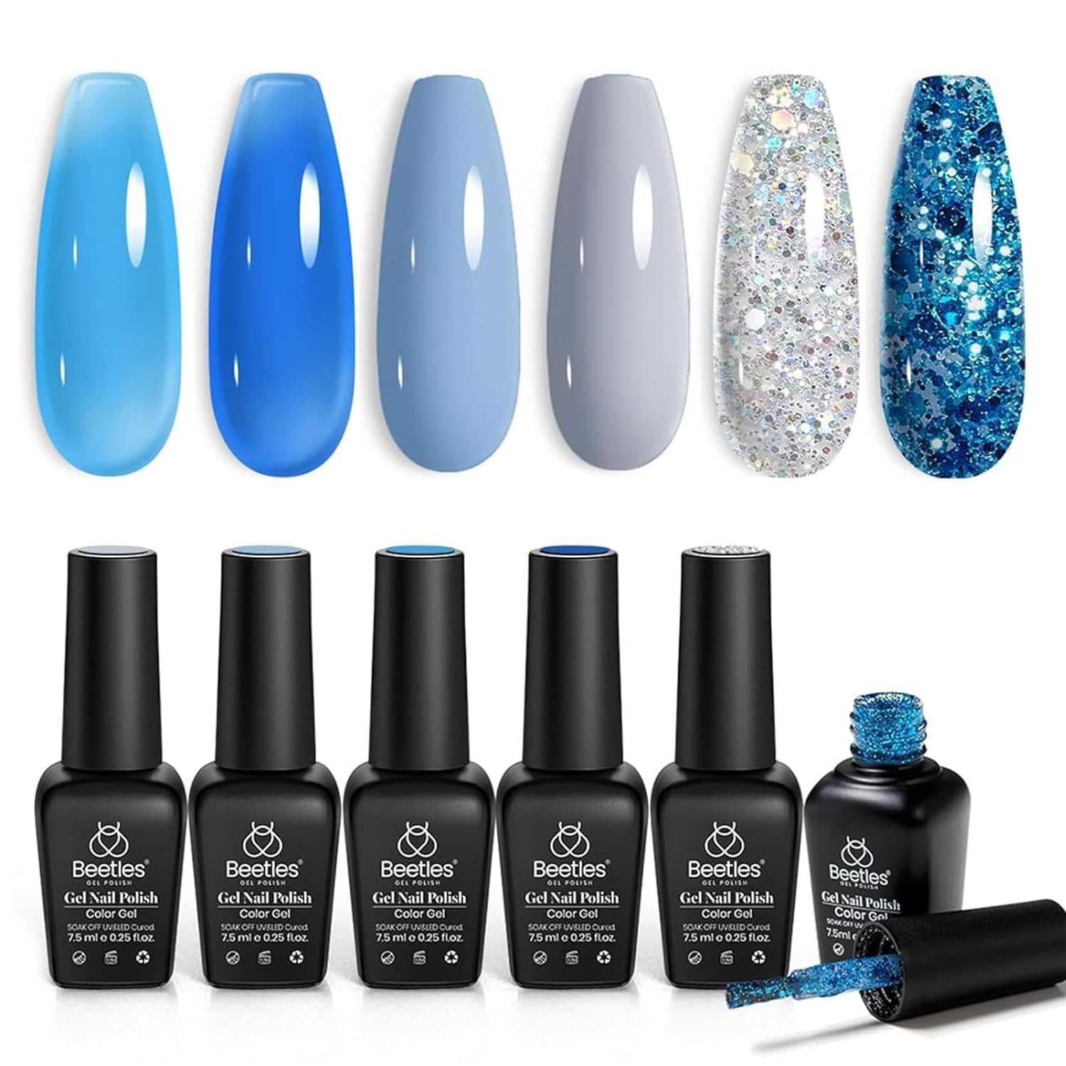 beetles Gel Polish Blue Gel Nail Art 6 Colors Jelly Blue Glitter Nail Design Spring Summer Manicure Set for Girls…