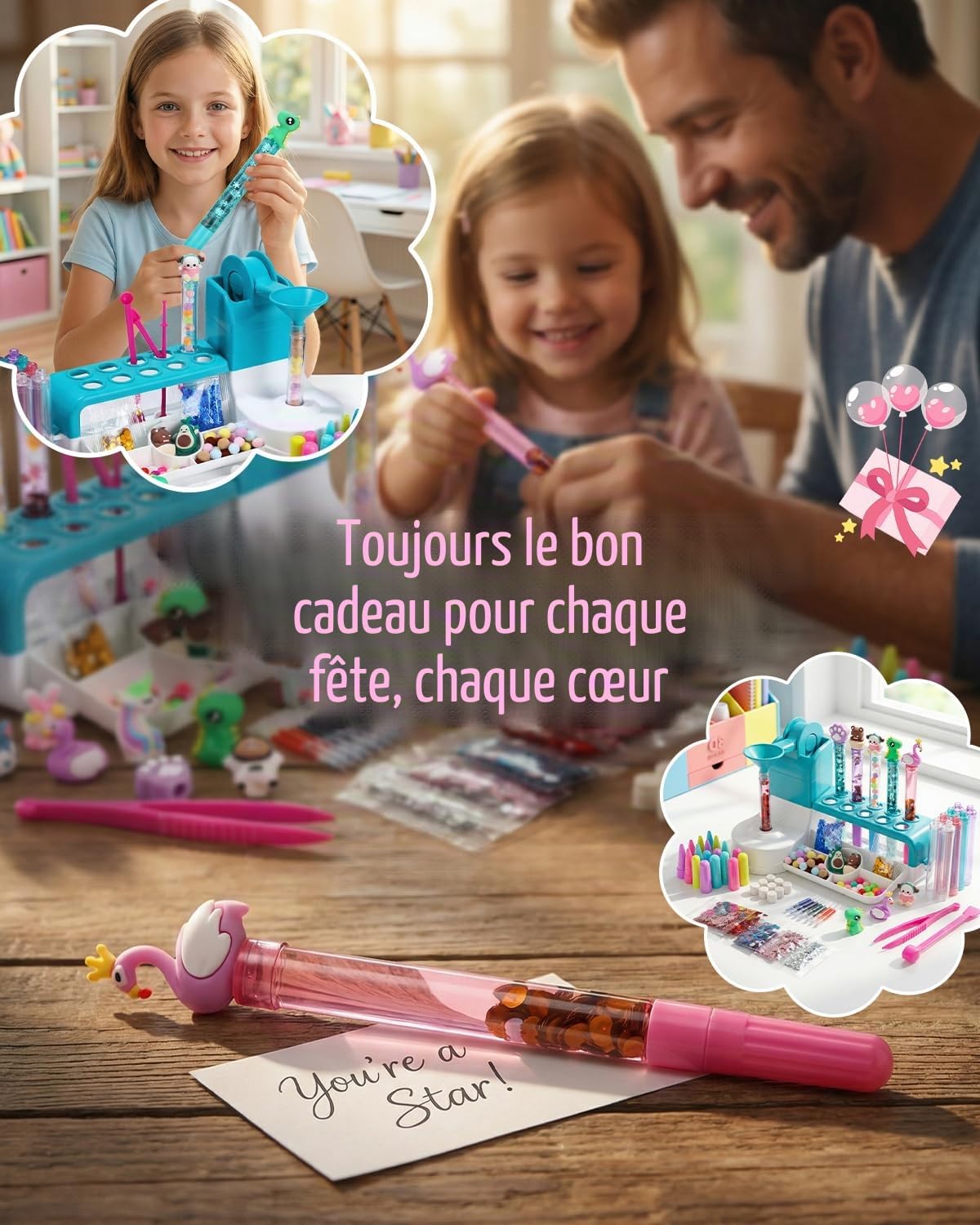 Kit de stylos à faire soi-même pour enfants à partir de 6 ans – Mon atelier de stylo avec 50 accessoires pour 10 stylos personnalisés (paillettes, plumes, figurines) – Kit créatif comme cadeau