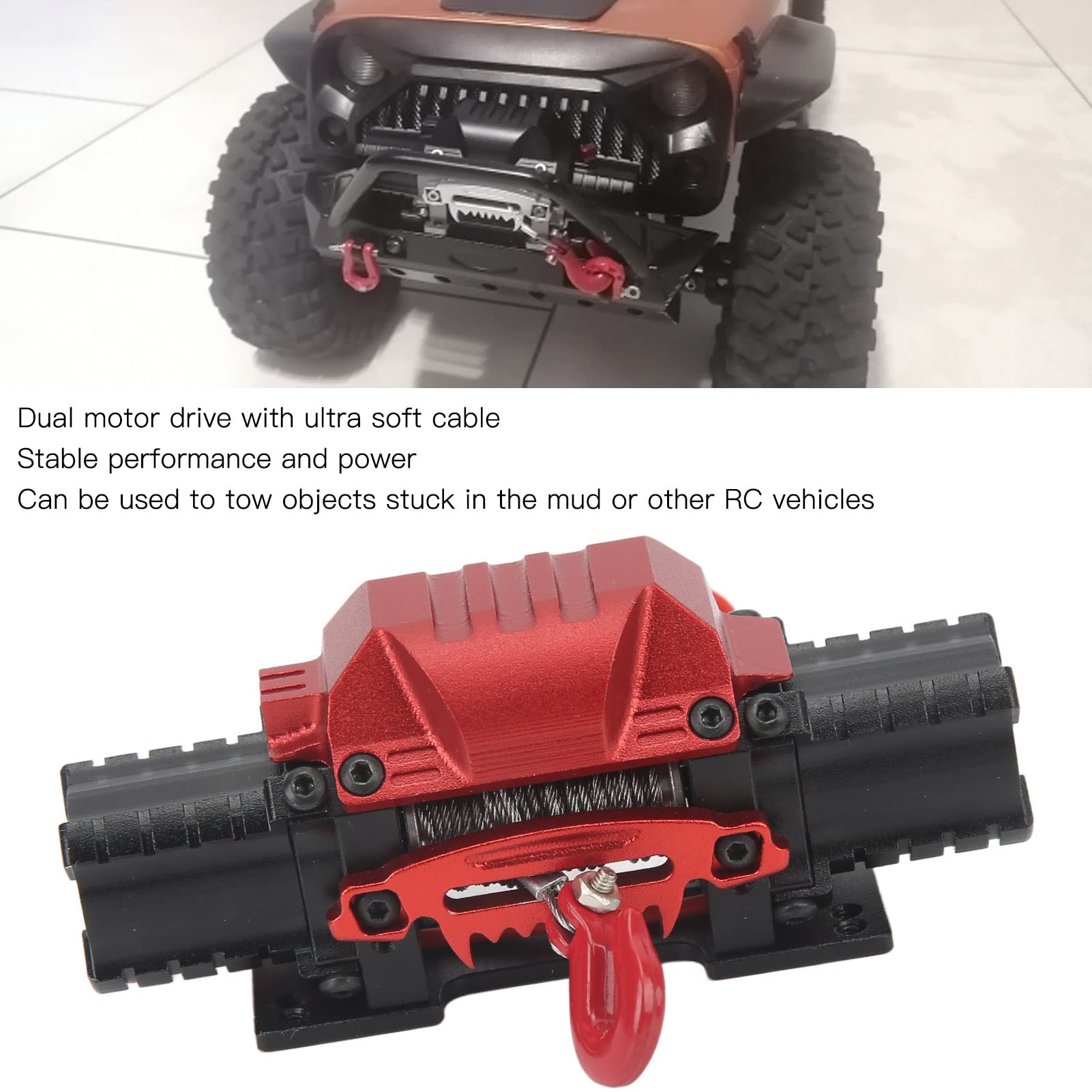 RC Auto Winch, Doppelmotor Seilwinde mit 10kg Zugkraft für RC Auto - Aluminium Konstruktion kompatibel mit Crawler und Geländewagen (Schwarz)