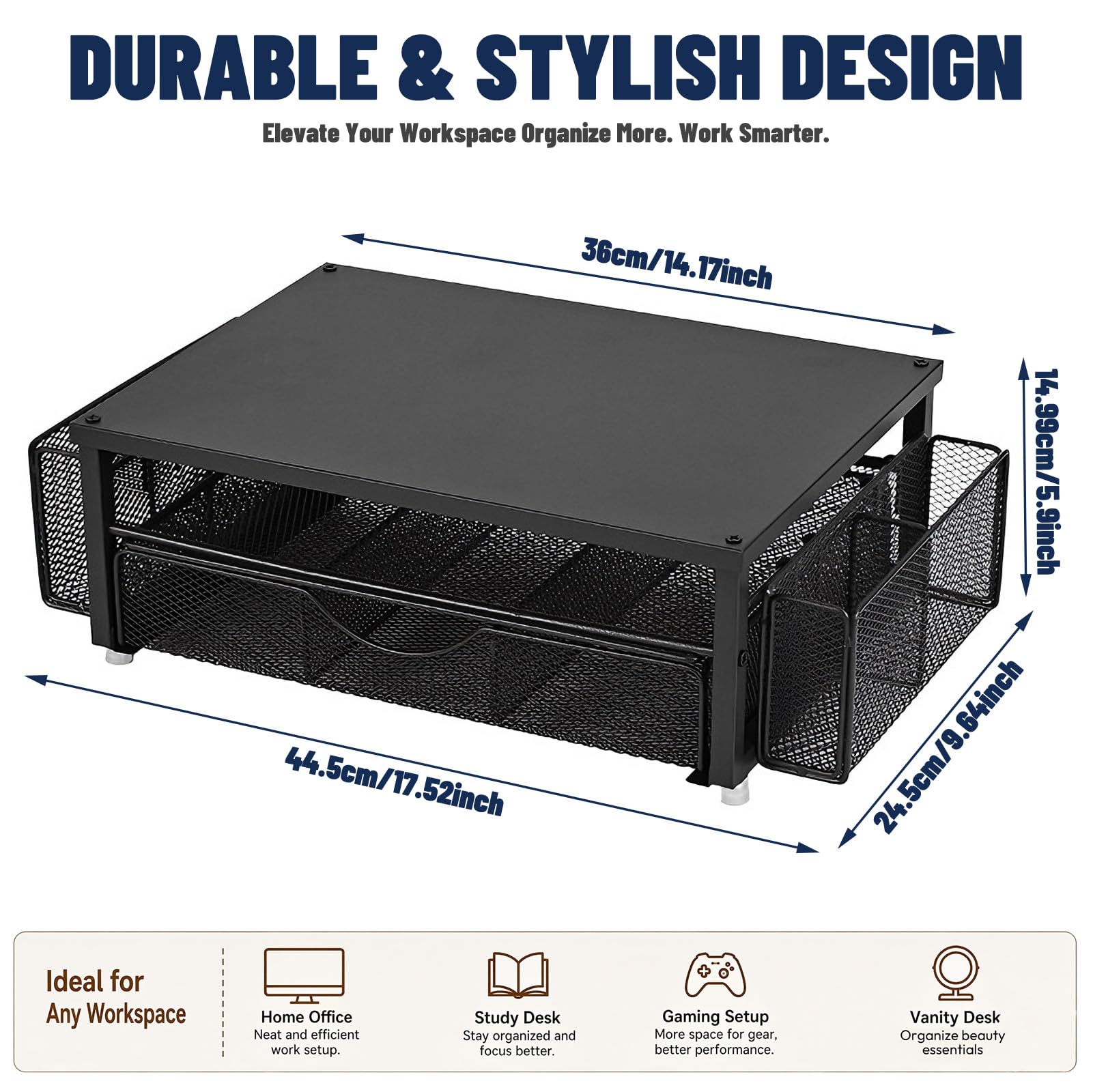 Rialzo per monitor, supporto ergonomico per monitor con cassetto e 2 portapenne, organizer da scrivania per schermo laptop, supporto da scrivania come accessorio da ufficio per postazione di lavoro e