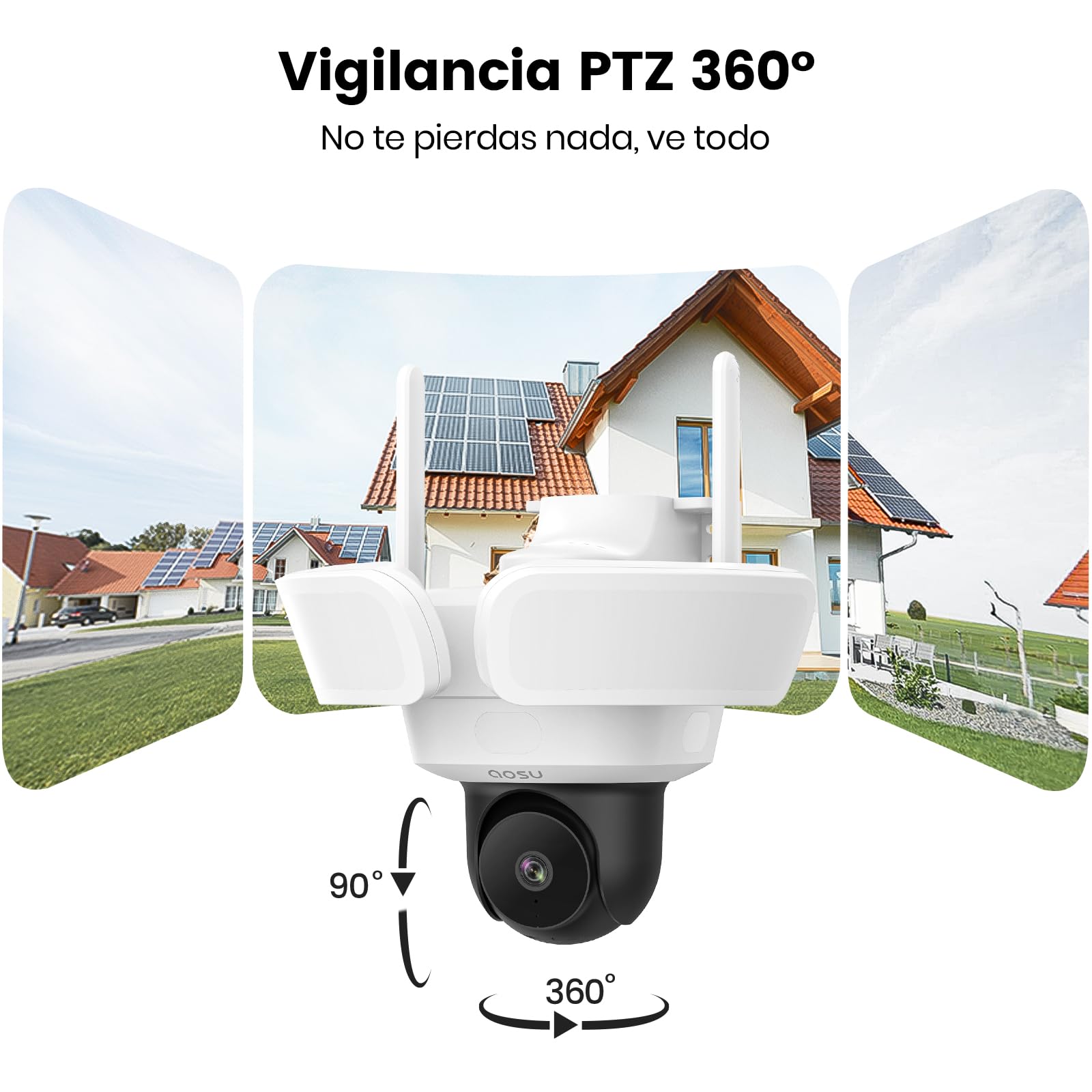 aosu 3K HD Proyectores Exteriores con Cableado, 2600 lúmenes, PTZ 360° | 3 sensores PIR, Grabación 24/7, Visión nocturna, IP65 impermeable, Wi‑Fi 2,4 GHz, Para entrada/jardín
