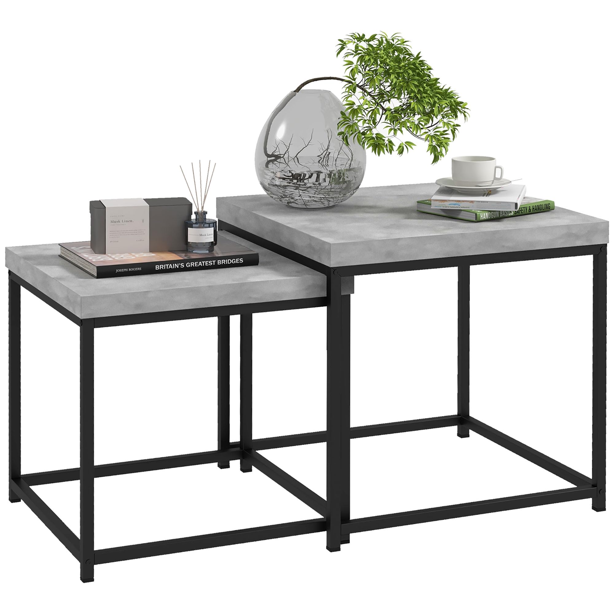 HOMCOM Lot de 2 Tables gigognes Tables Basses carrées Tables de Salon Cadre en Acier et Plateaux en Bois Gris