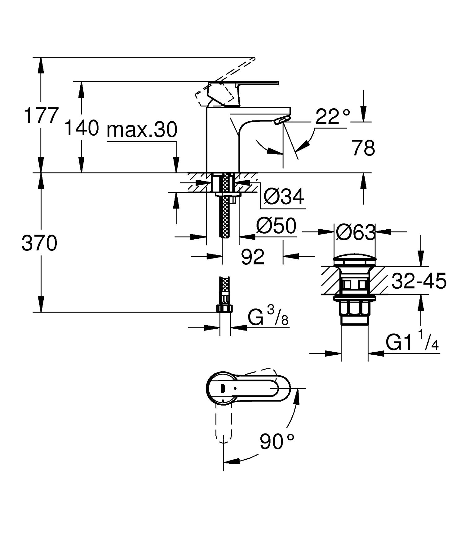 Grohe Get QuickFix- Grifo de lavabo monomando S (vaciador push-open, menor consumo de agua, instalación rápida, altura 140 mm), blanco, 23586LS0