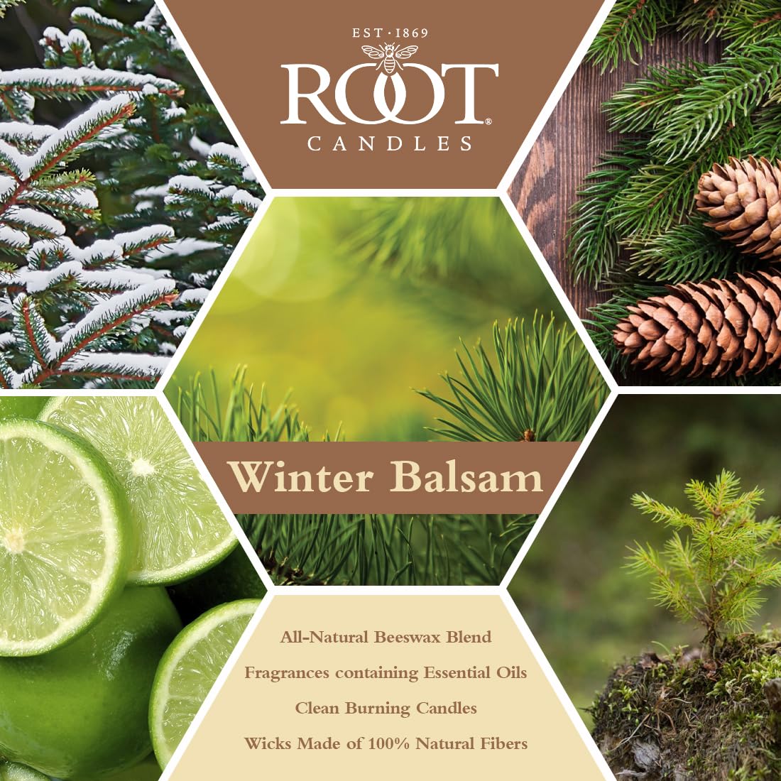 Root Candles Świeca zapachowa z mieszanki wosku pszczelego o strukturze plastra miodu, 350 ml, zimowy balsam