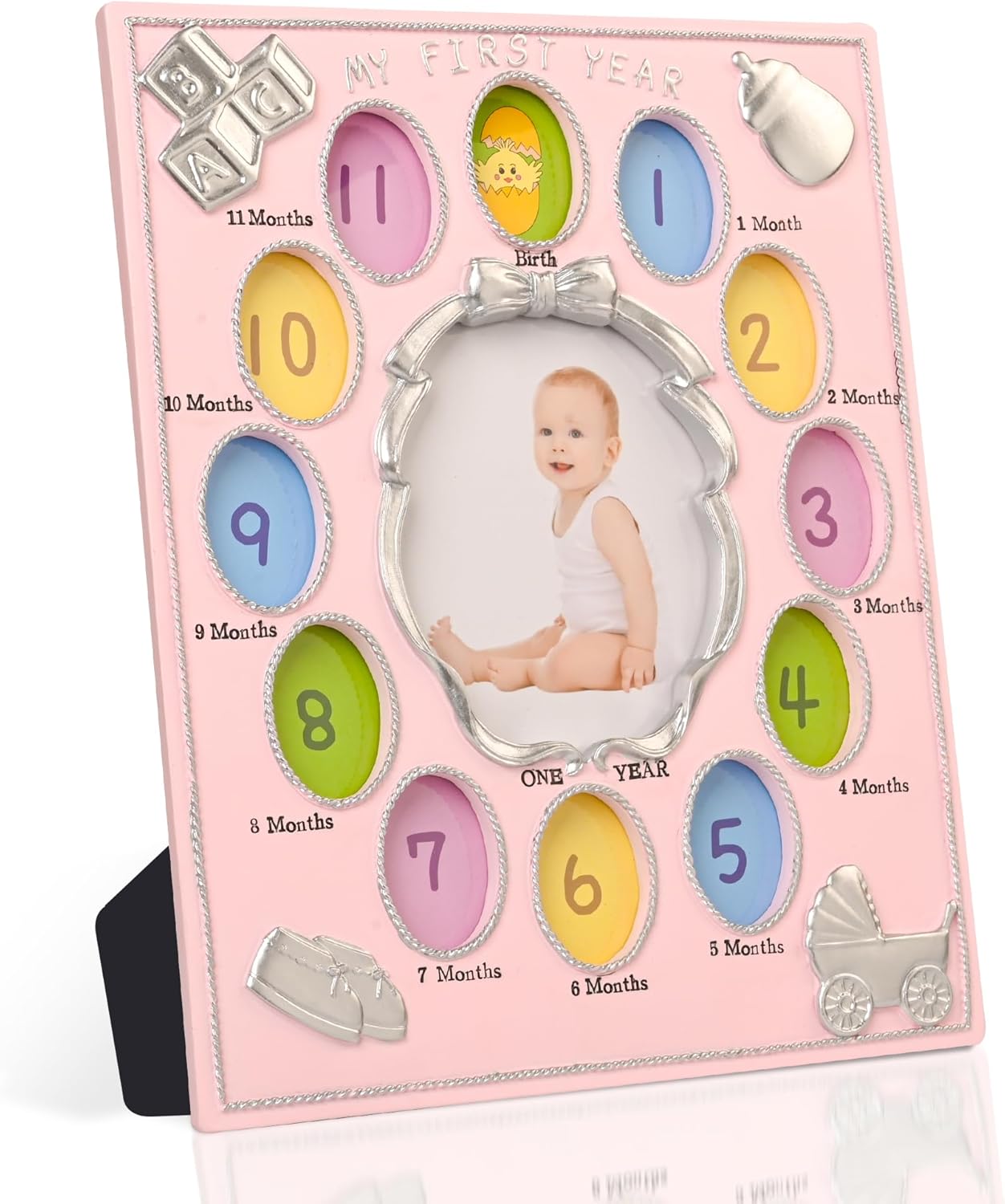 My First Year Photo Frame – Baby's Monthly Milestone Memory Display | Classic Baby Picture Frame Keepsake for Boys & Girls | 12 Monthly Photo Slots in Pink | Nursery Wall Décor