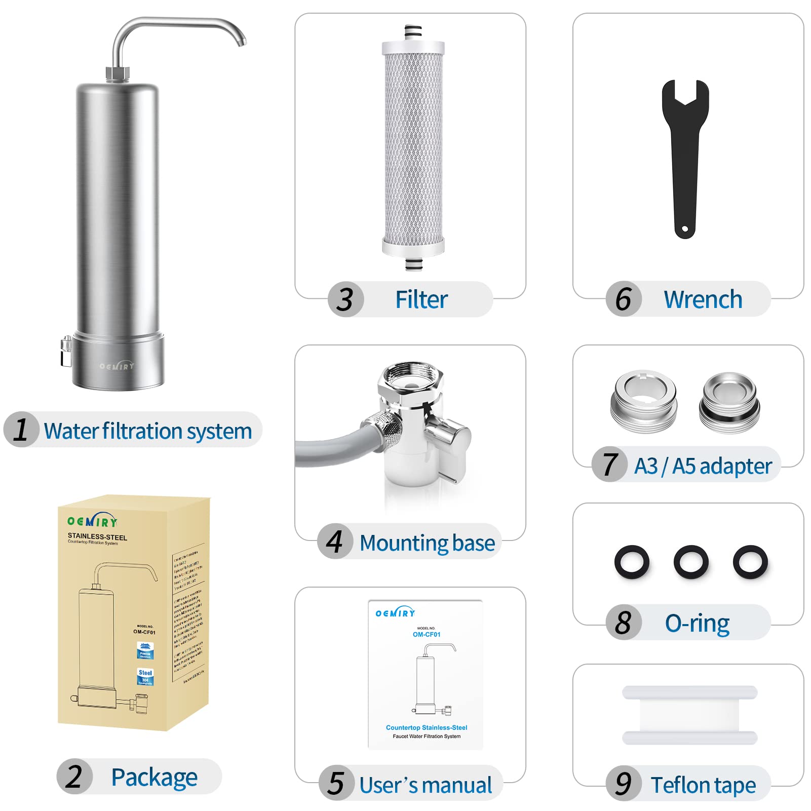 OEMIRY Countertop Water Filter System, NSF/ANSI 42 Certified, Stainless Steel 8000 Gallons Faucet Water Filter, Reduces 99.99% Lead, Chlorine, Heavy Metals, Bad Taste & Odor (1 Filter Included)