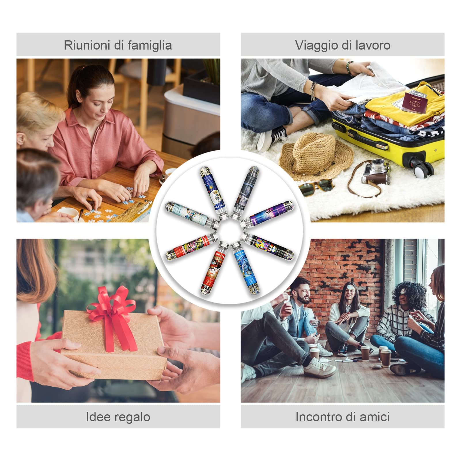 Mini Puzzle per Adulti Confezione da 8 – 234 Pezzi Ciascuno Micro Puzzle Impegnativo in Provetta, Puzzle Tascabile da Viaggio, Idea Regalo, 10x15 cm