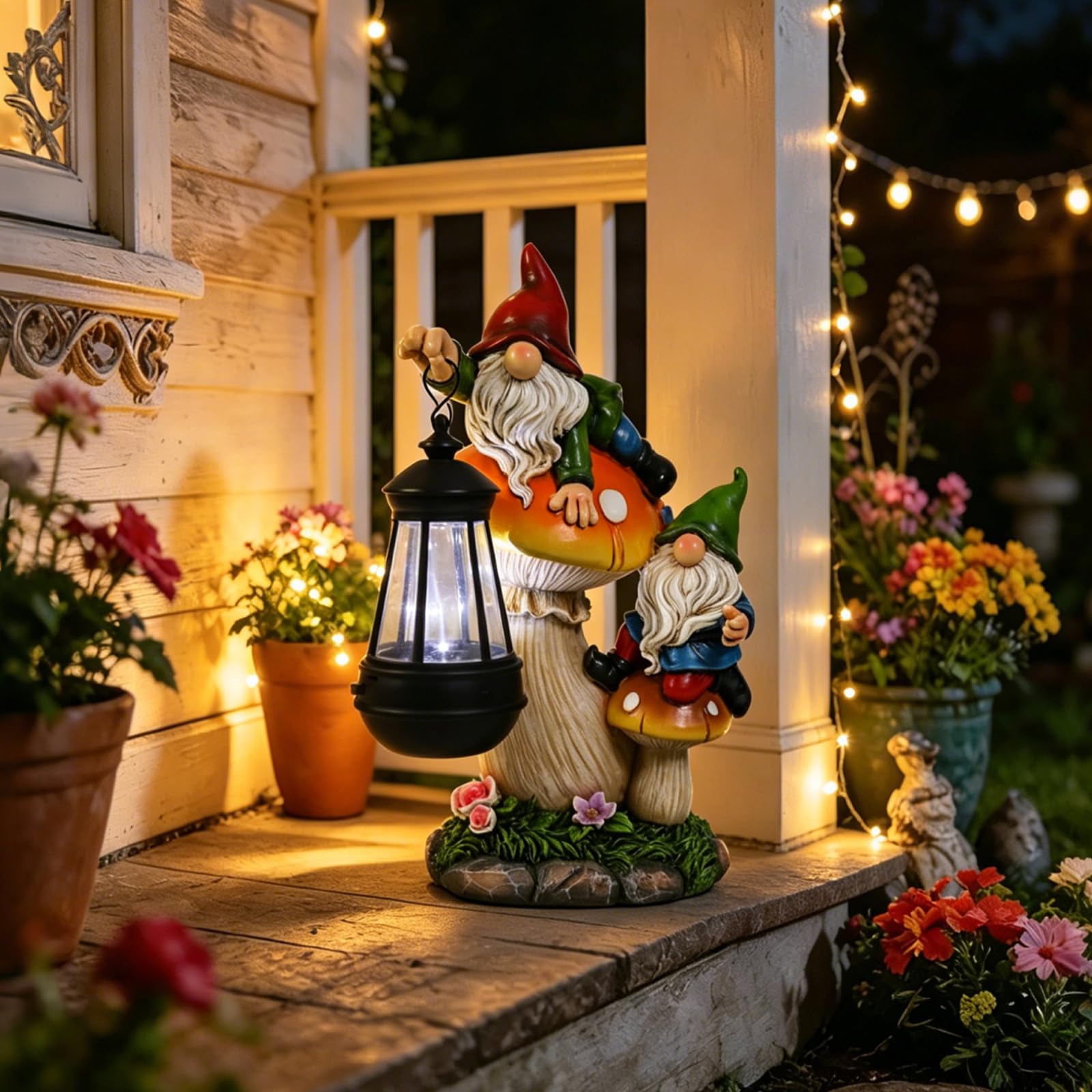Estatua de gnomo de jardín, grande y divertida figura de gnomo que sube a los hongos y sostiene una linterna solar LED de resina para patio, patio, césped, porche, decoración al aire libre