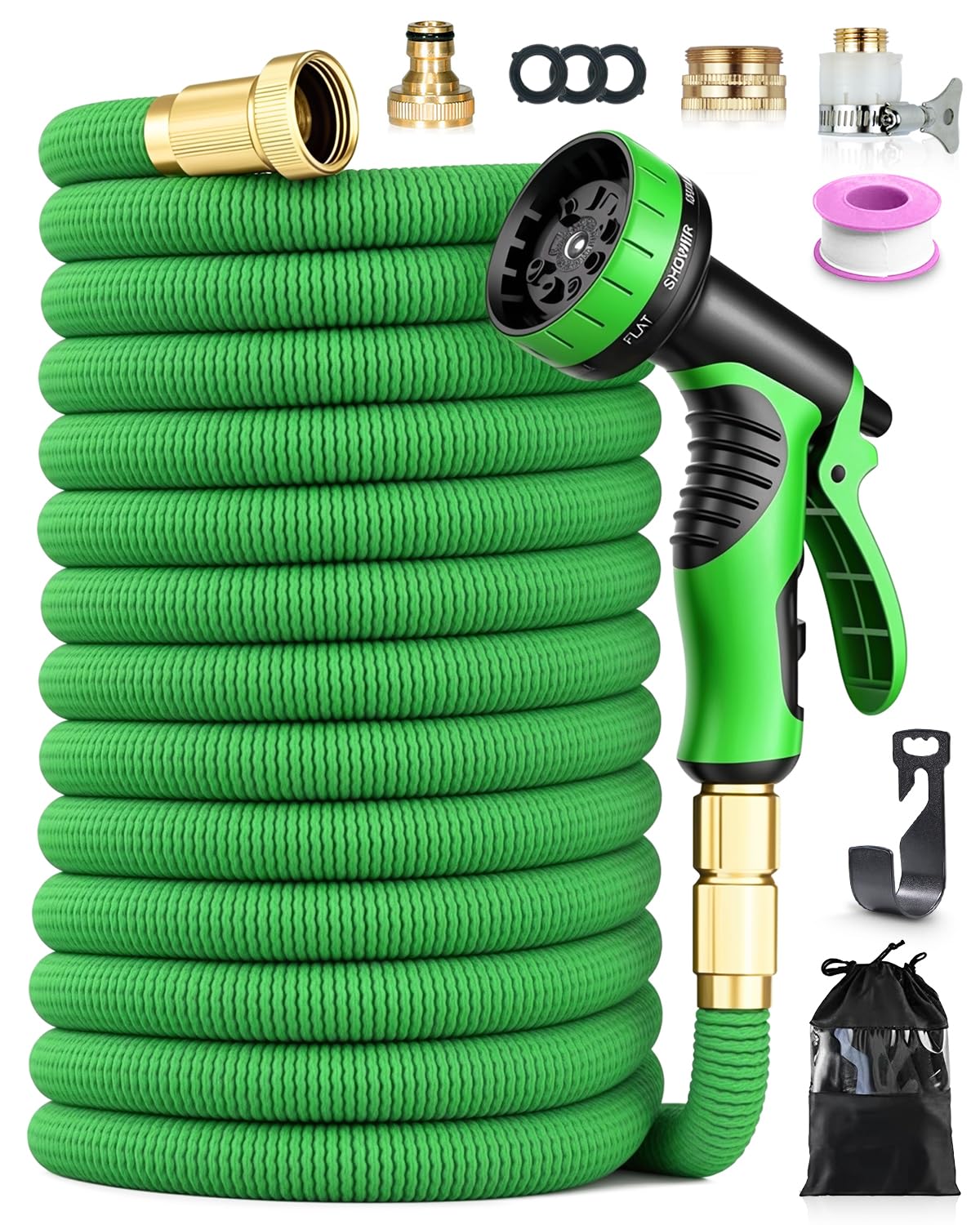 150FT (45M) Expandable Garden Hose Pipe, Leakproof Flexible Water Hose with 4-Layer Latex Core, 10-Function Spray Nozzle, Metal 1/2" & 3/4" Connectors for Garden, Car Wash & Pet Cleaning, Green