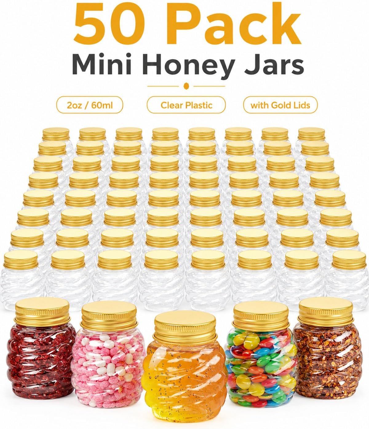 50 Pack Mini Honey Jars 2oz - Hexagon Plastic Spice Jars with Gold Lids for Party Favors, Wedding, Baby Shower - Small Empty Clear Containers for Jam, Jelly, Candy & DIY Crafts