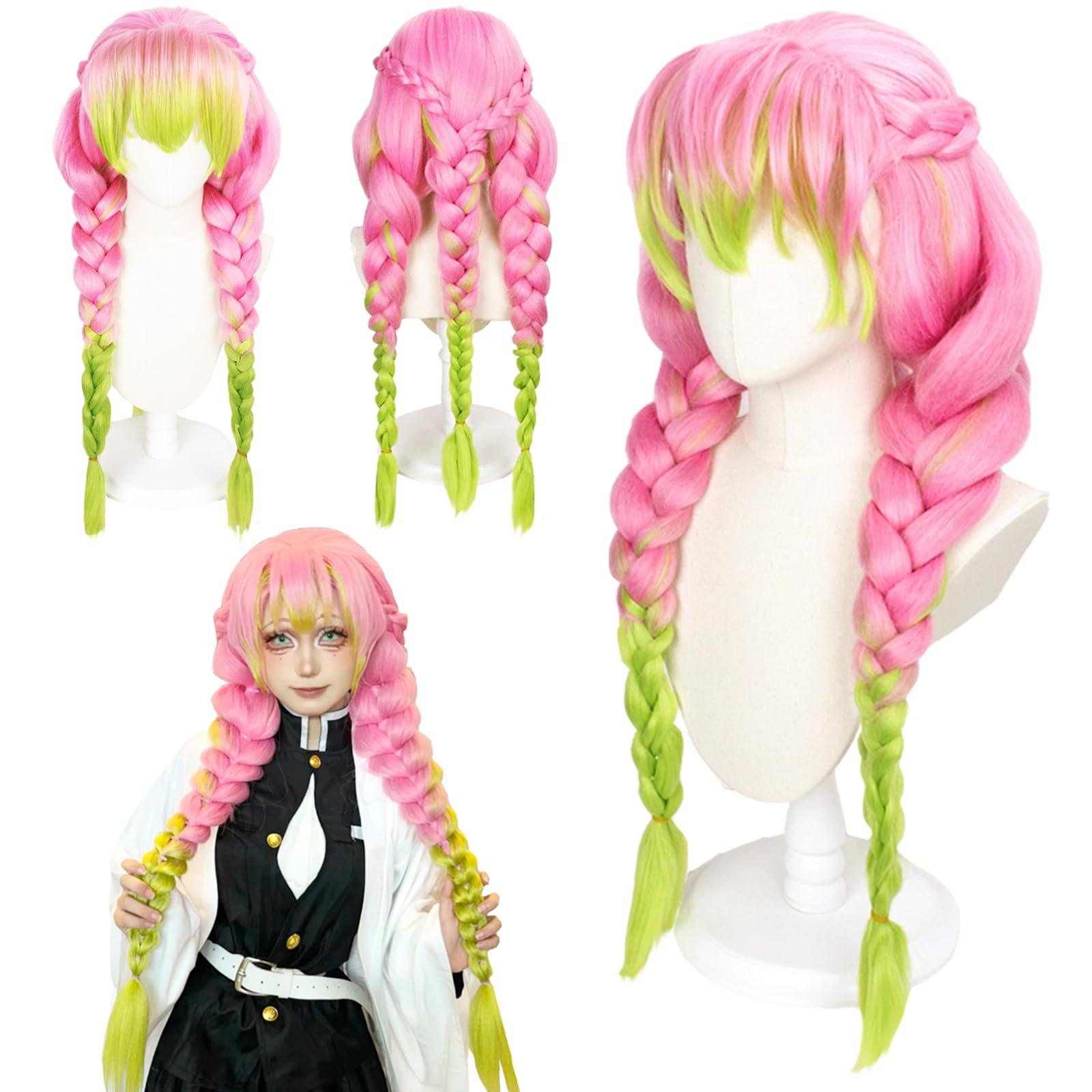 Anime Kanroji Mitsuri Cosplay Peluca, Pelucas Mujer con Flequillo, Peluca de Cabaret para Cosplay Fiestas Carnaval Halloween