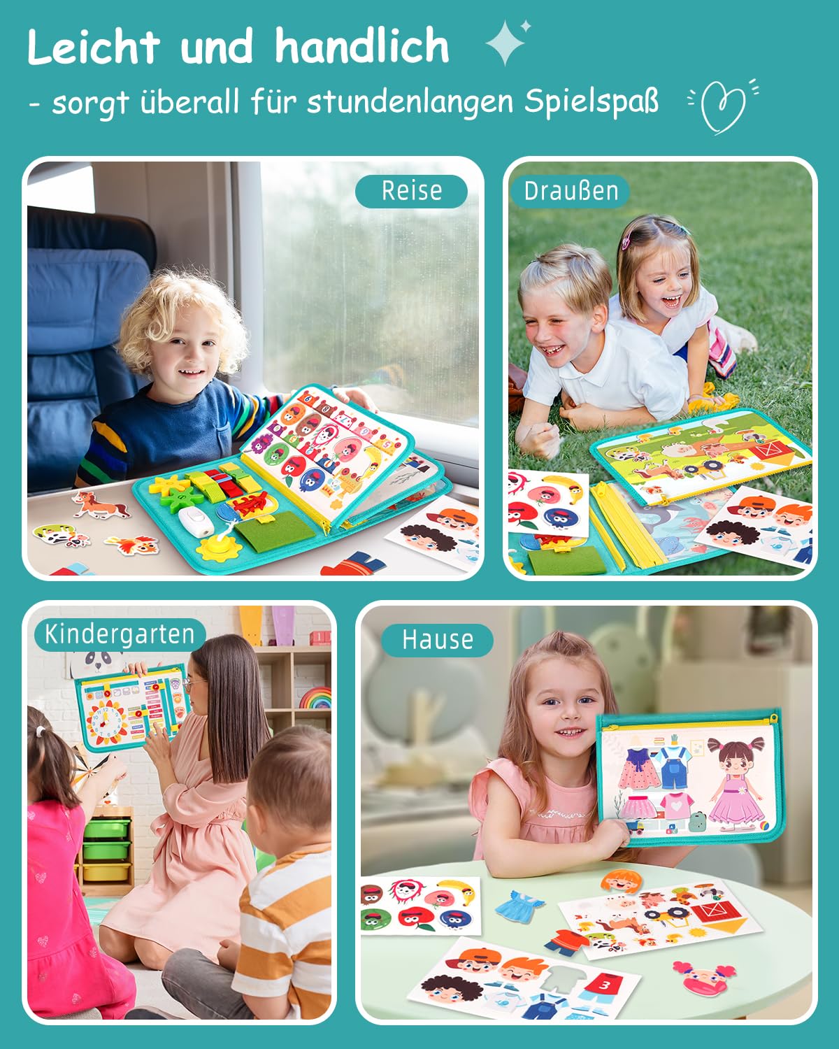 Accatont Busy Board Montessori - Libro Sensoriale Attività Per Bambini 1 2 3 4 Anni, Ragazzo Ragazza, Verde