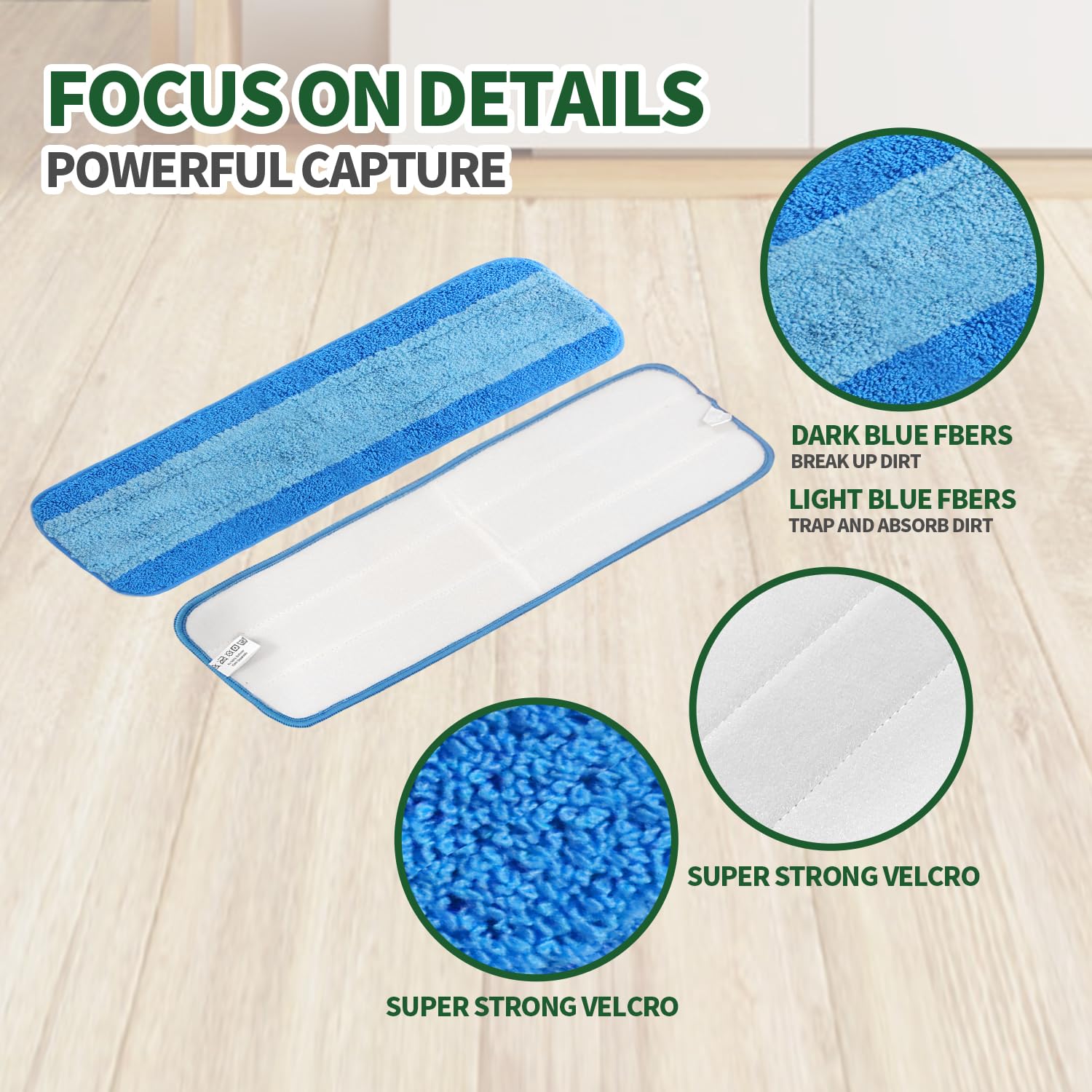 AmaVins Paquete de 6 almohadillas de limpieza de microfibra para mopa Bona, almohadillas de microfibra reutilizables para fregona de 18 pulgadas, almohadillas de repuesto para pisos de madera dura,