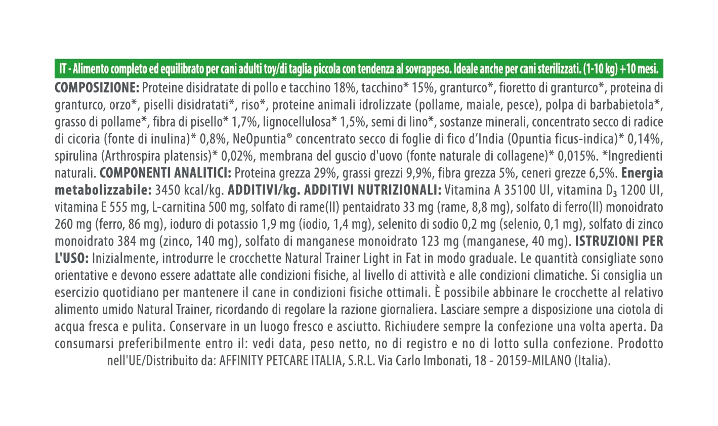 Natural Trainer Ideal Weight Small & Toy Cibo per Cani Adulti Light in fat con Tacchino - 2kg