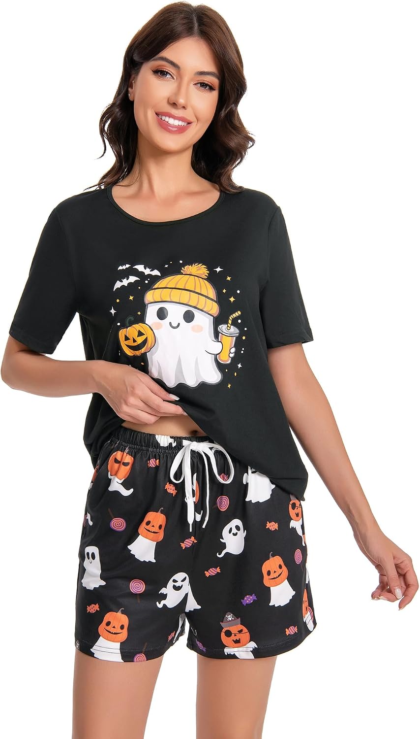 Matching Halloween Pajamas for Couples Women & Men Short Sleeve Sleepwear with Pockets