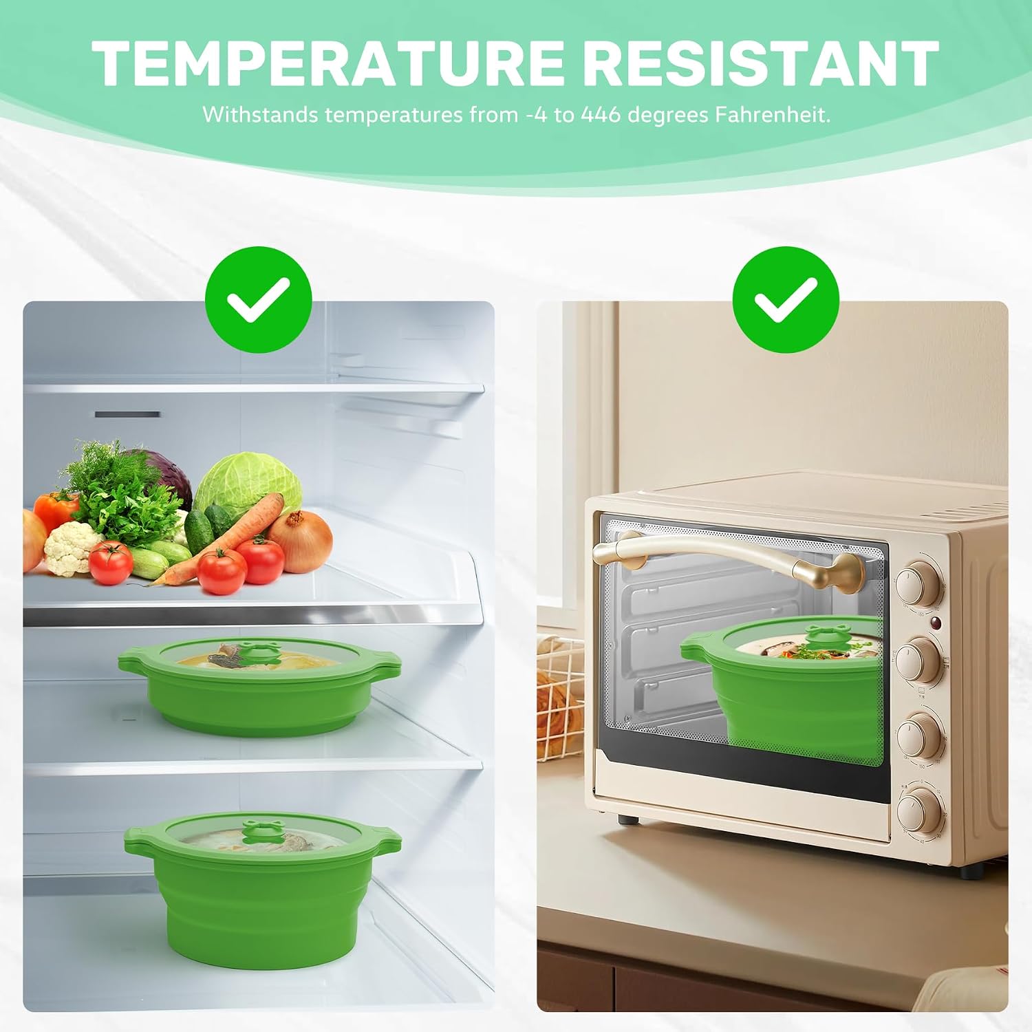 Collapsible Silicone Bowls with Lids for Camping, Microwave, Travel & Outdoor Hiking - Green 2 Pack (0.8L+1.4L)