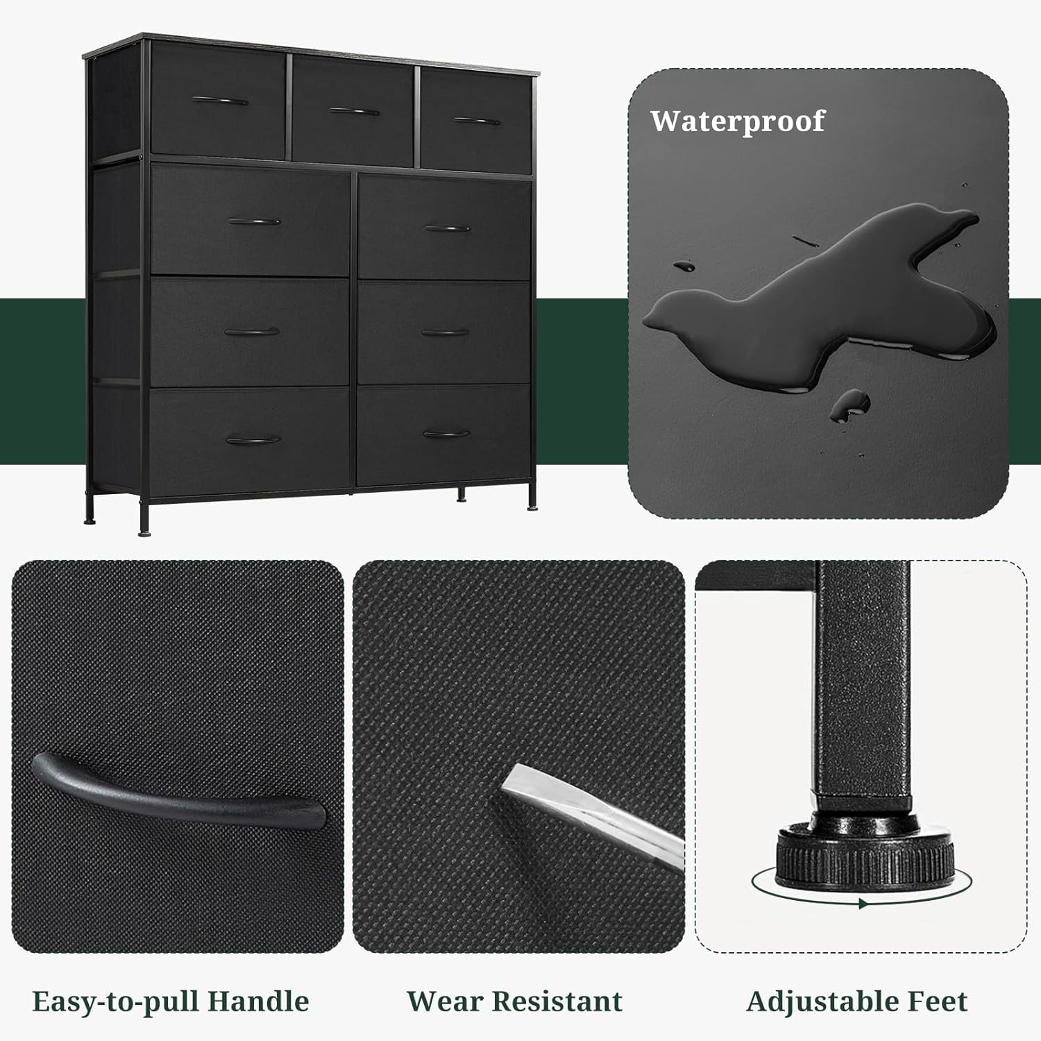 9-Drawer Dresser for Bedroom, Anti-Tip Tall Storage Organizer Chest of Drawers with Wooden Top and Metal Frame Fabric Bins for Closet, Living Room, Hallway, Entryway, Black