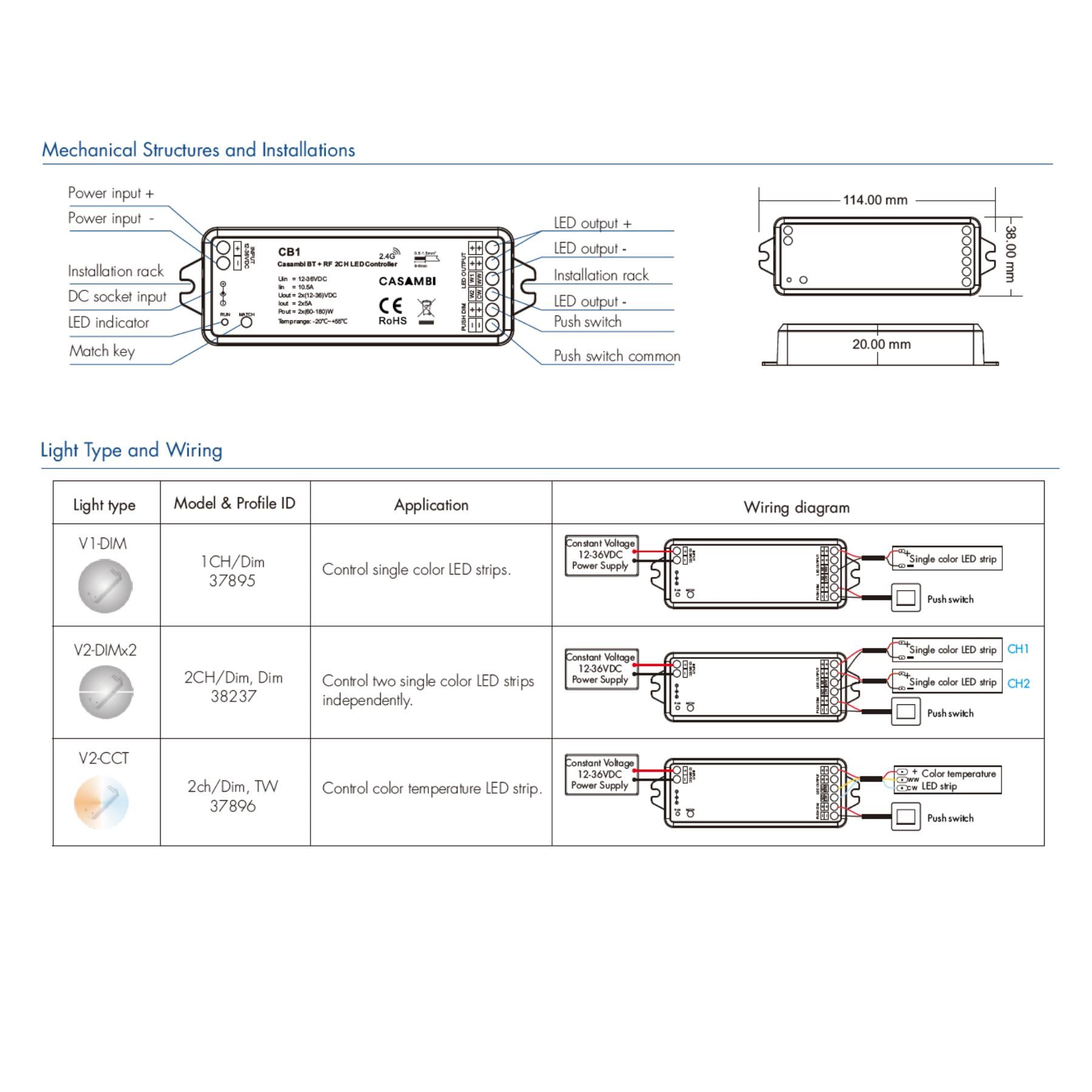 Led Dimmer Bluetooth Casambi APP, RF 2.4GHz con Pulsante NO, per Strisce LED Monocolore e CCT, 12V 24V 36V 2 Canali 2x5A, Regolazione 0-100%