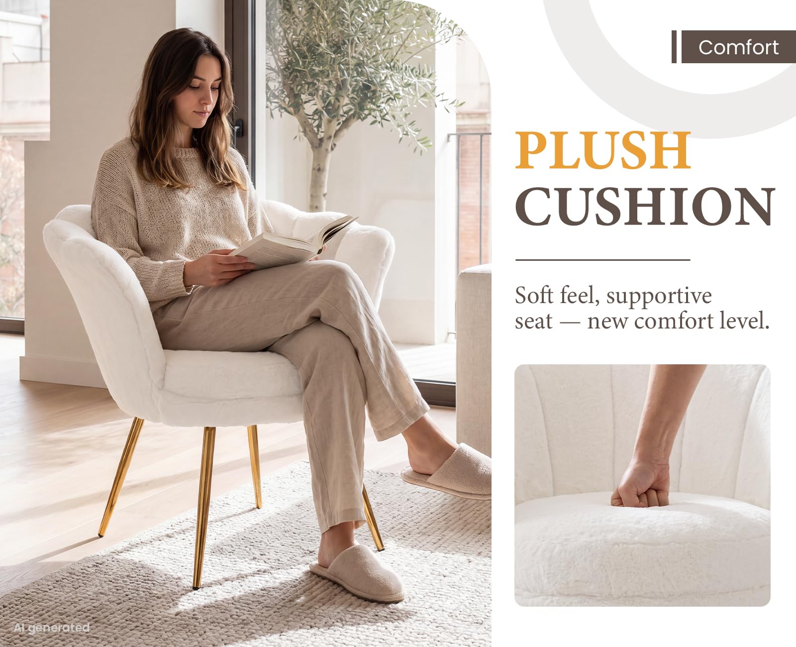 Ya-Home Fauteuil pour Salon et Chambre Chaise de Coiffeuse Rembourrée Chaise de Maquillage Moderne avec Pied Doré Sièges Coiffeuse Confortable, Fausse Fourrure, Blanc