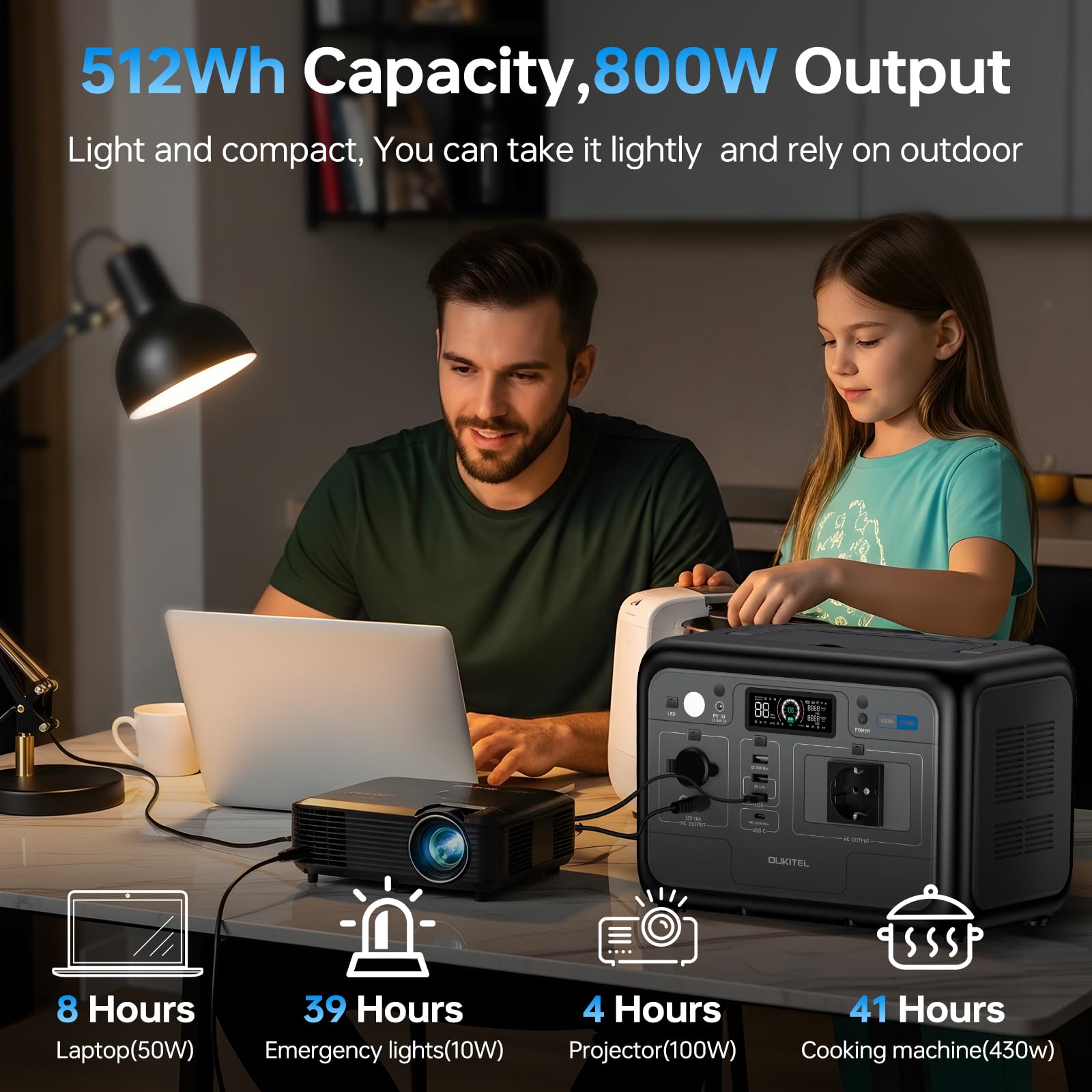 OUKITEL P800E Estación de Energía Portátil 512Wh, Generador Solar LiFePO4 | 800W AC (Pico 1600W), Carga Rápida en 1 Horas, Power Station Para Camping, Viajes, Cortes de Luz, Emergencias