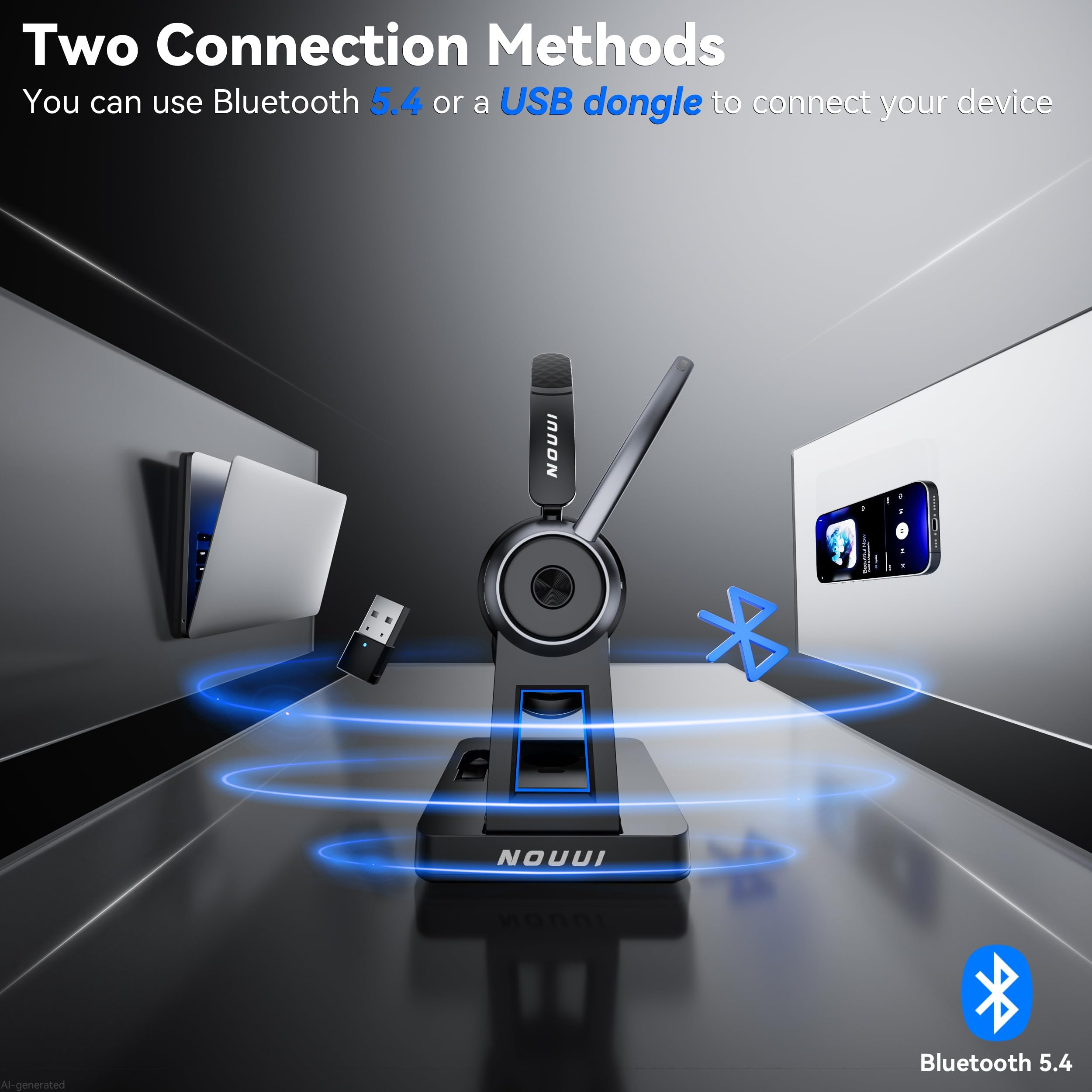 Cuffie wireless con microfono per lavoro, cuffie wireless con microfono (cancellazione del rumore e pulsante muto), batteria 65H con base di ricarica, cuffie Bluetooth con microfono per PC/Call Center