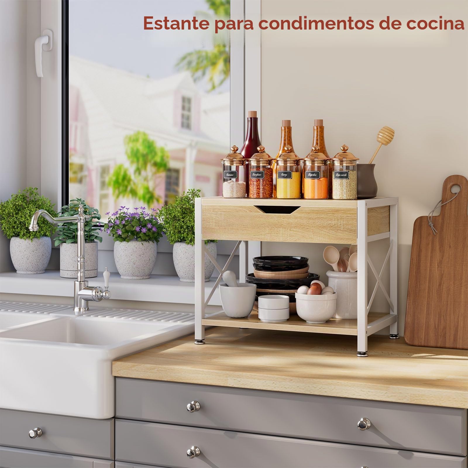IBUYKE Soporte para impresora de escritorio de 2 niveles, organizador de escritorio multiusos, soporte de madera para impresora con cajón de almacenamiento para carpetas, libros, para máquina de fax,